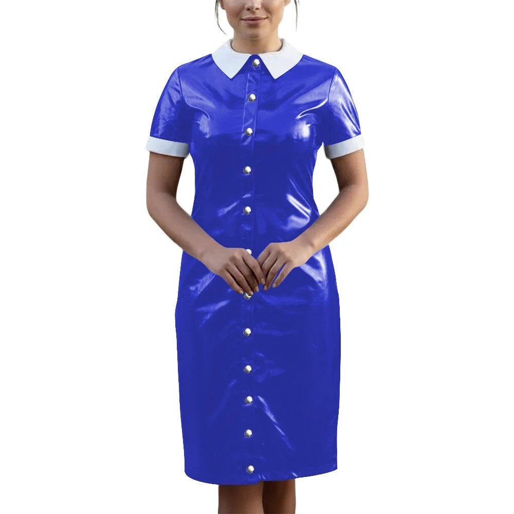 Vintage Wetlook PVC Leather Party Uniform Club Vestidos Bodycon Midi Dress