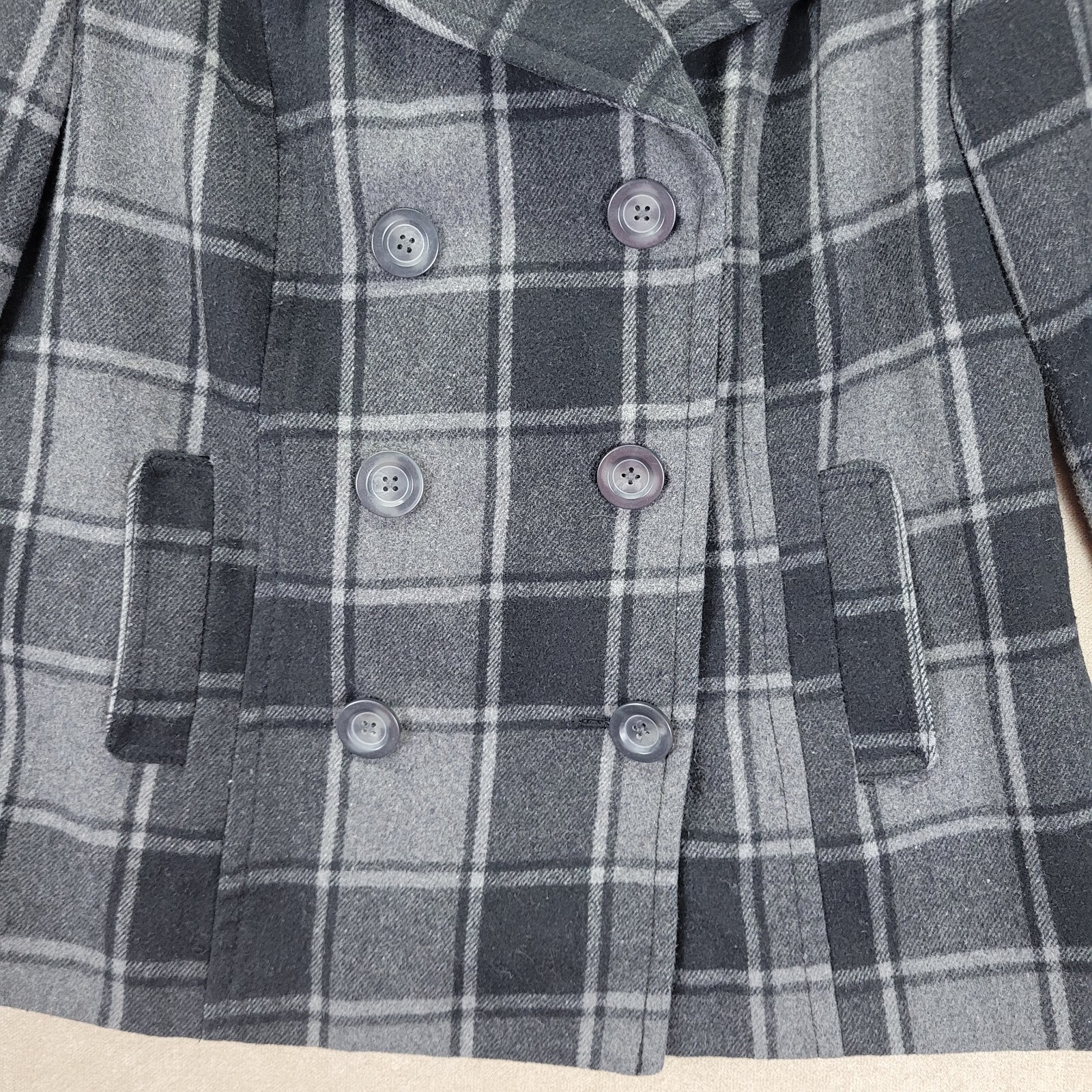 Old Navy Gray & Black Plaid Wool Blend Womens Double Breast Pea Coat Size Medium