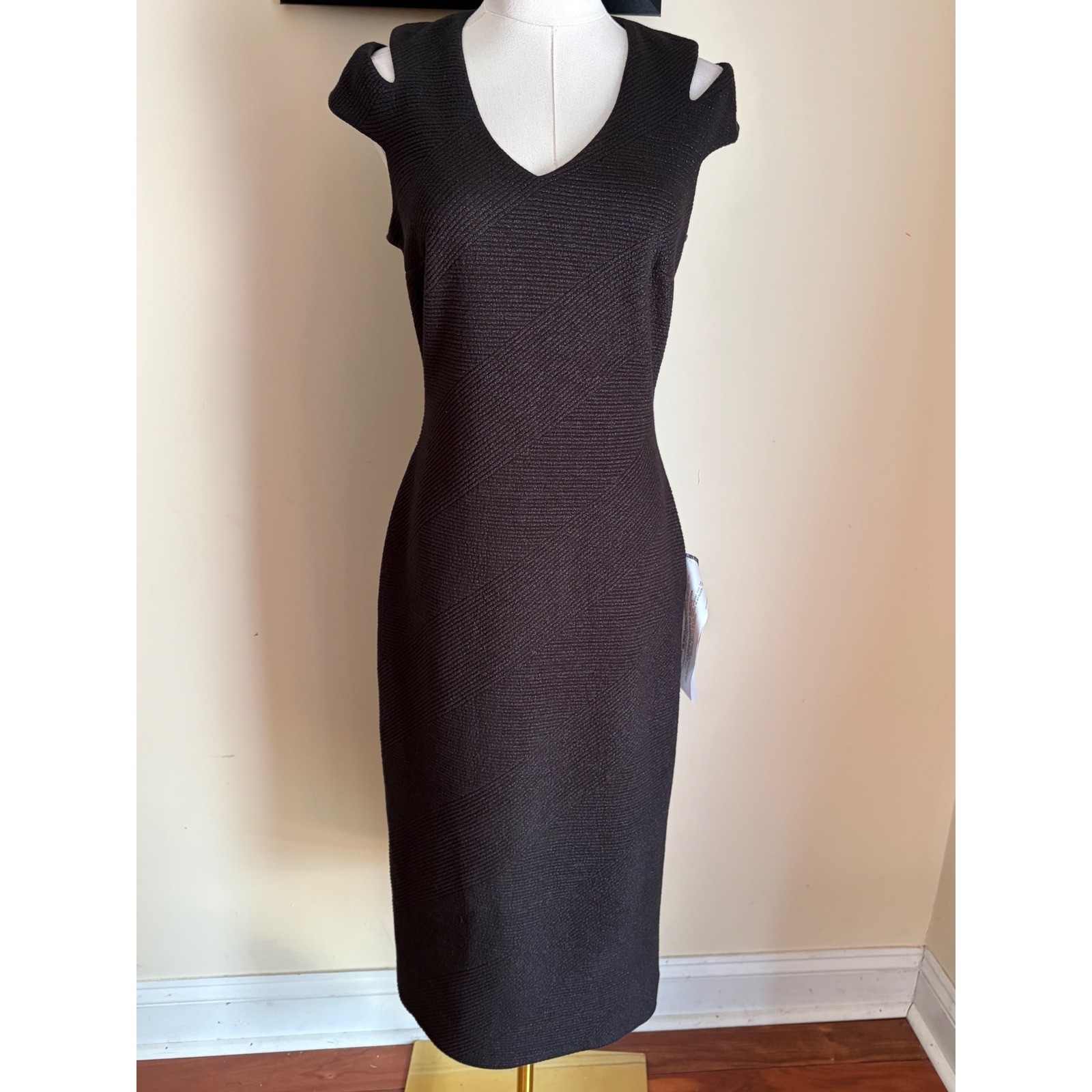 Dress The Population Black Metallic Cold Shoulder Ribbed Midi Dress Medium