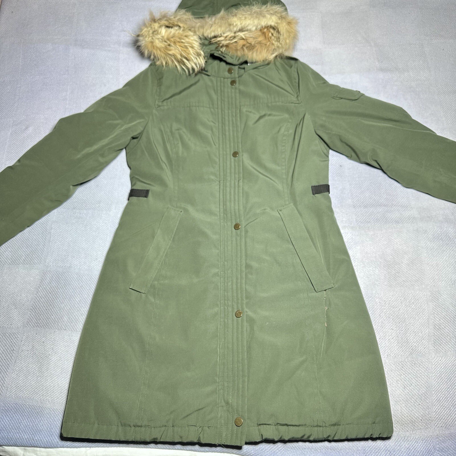 Pendleton North Shore Green Down Parka Jacket Coyote Fur Hood Women’s Size XS