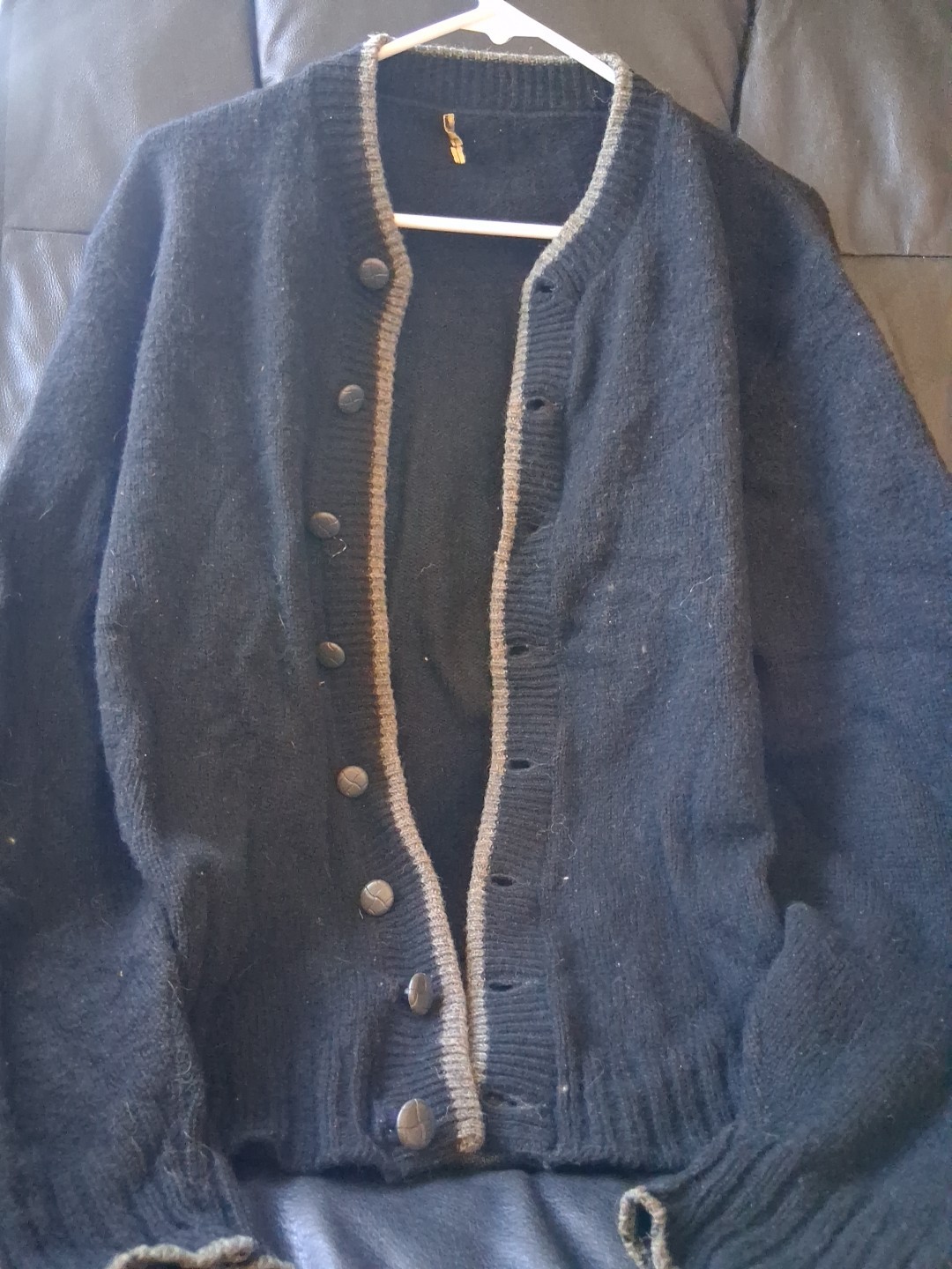 Vintage BLACK w/GRAY Trim CARDIGAN w/Leather ELBOW PATCHES – Size L – See Desc.