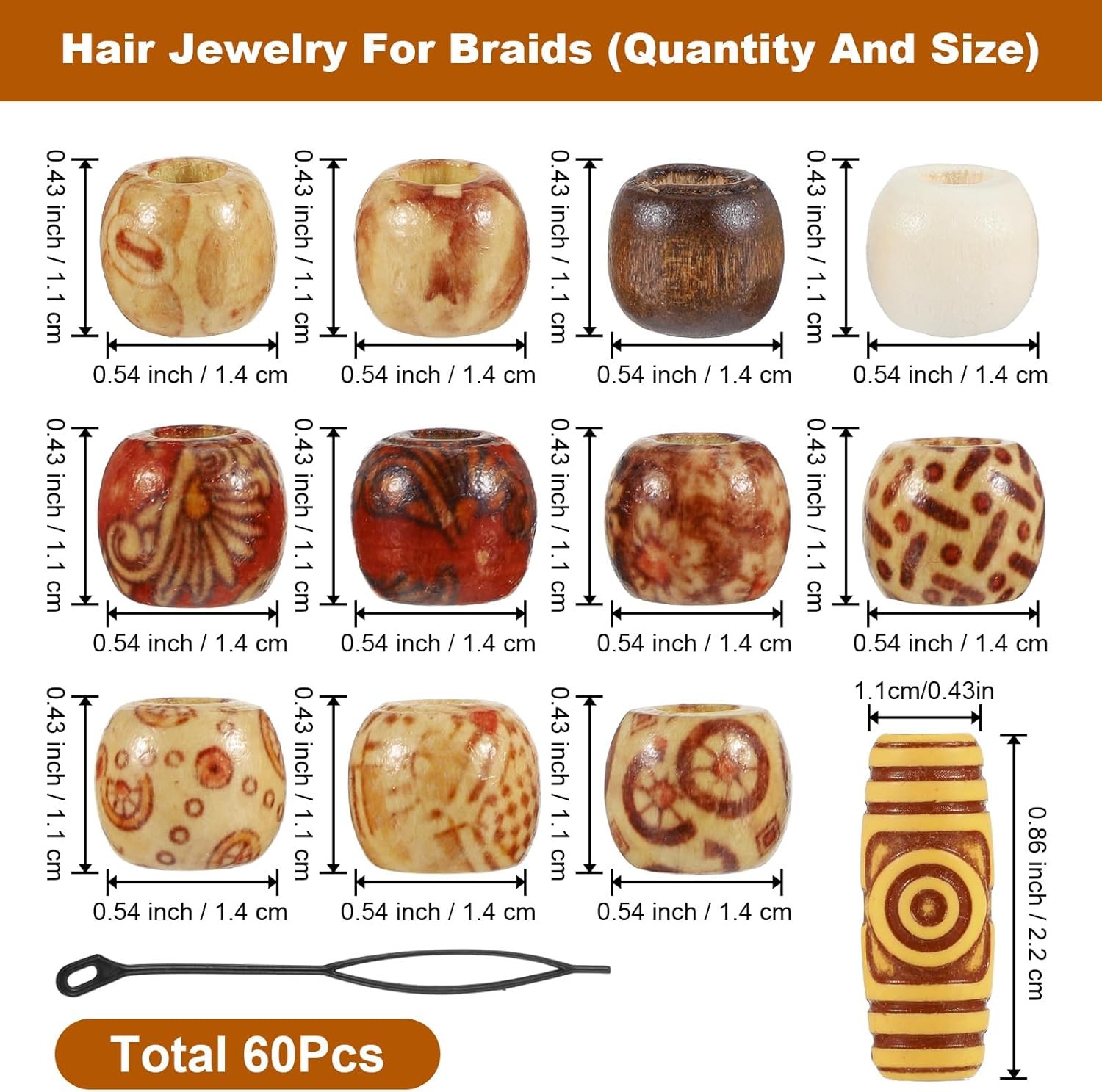 60 Pcs Wooden Hair Beads Dreadlock Braids Charms DIY Accessories for Hair