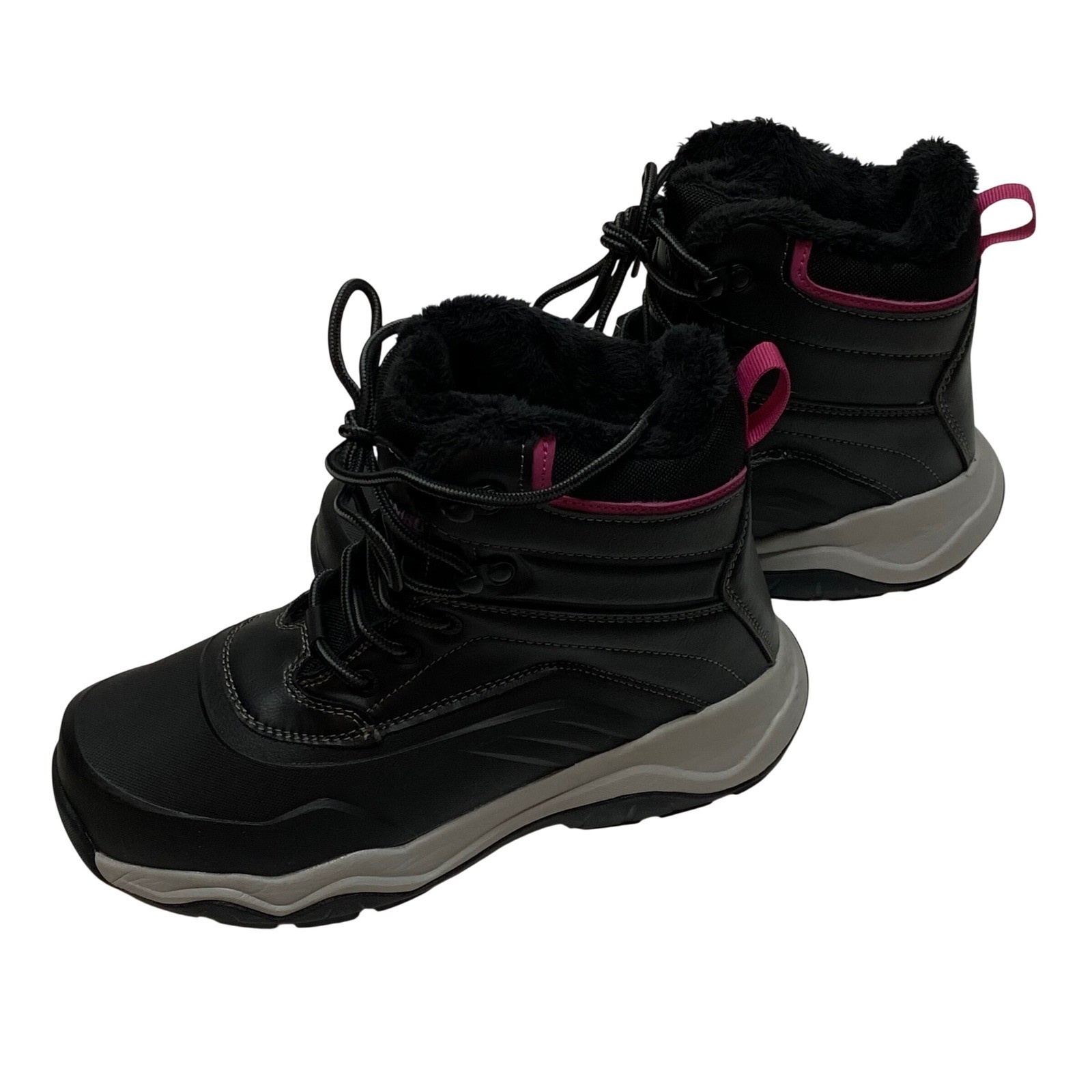 Khombu Womens Black Faux Fur Lined Winter Snow Boot Pink Accents Lace Up 7 NWT