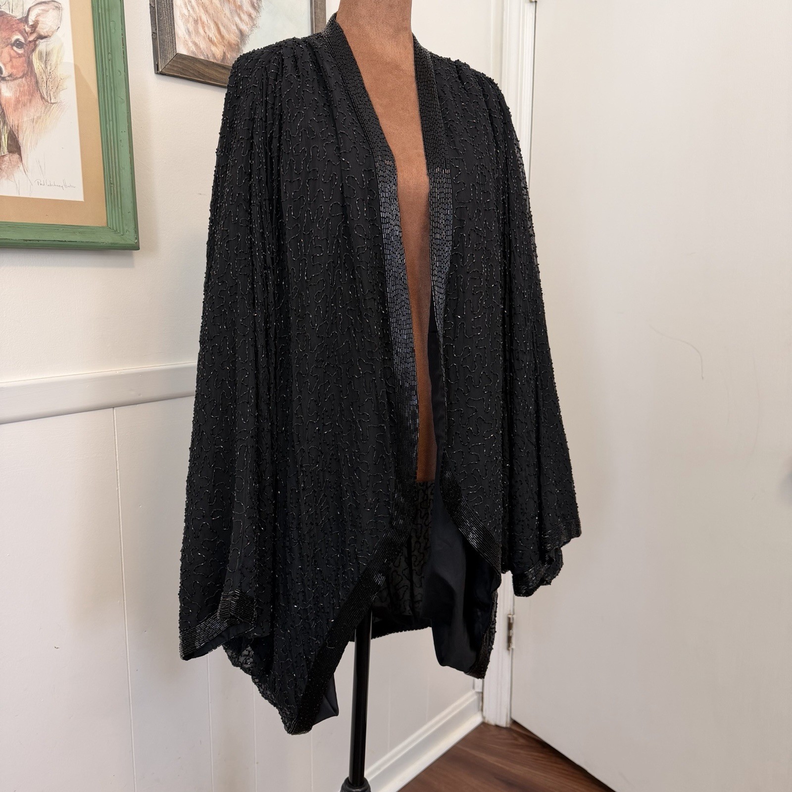 Vtg 60s 70s Silk Duster Opera Cape Beaded Kimono Whimsigoth Stevie Nicks Witchy