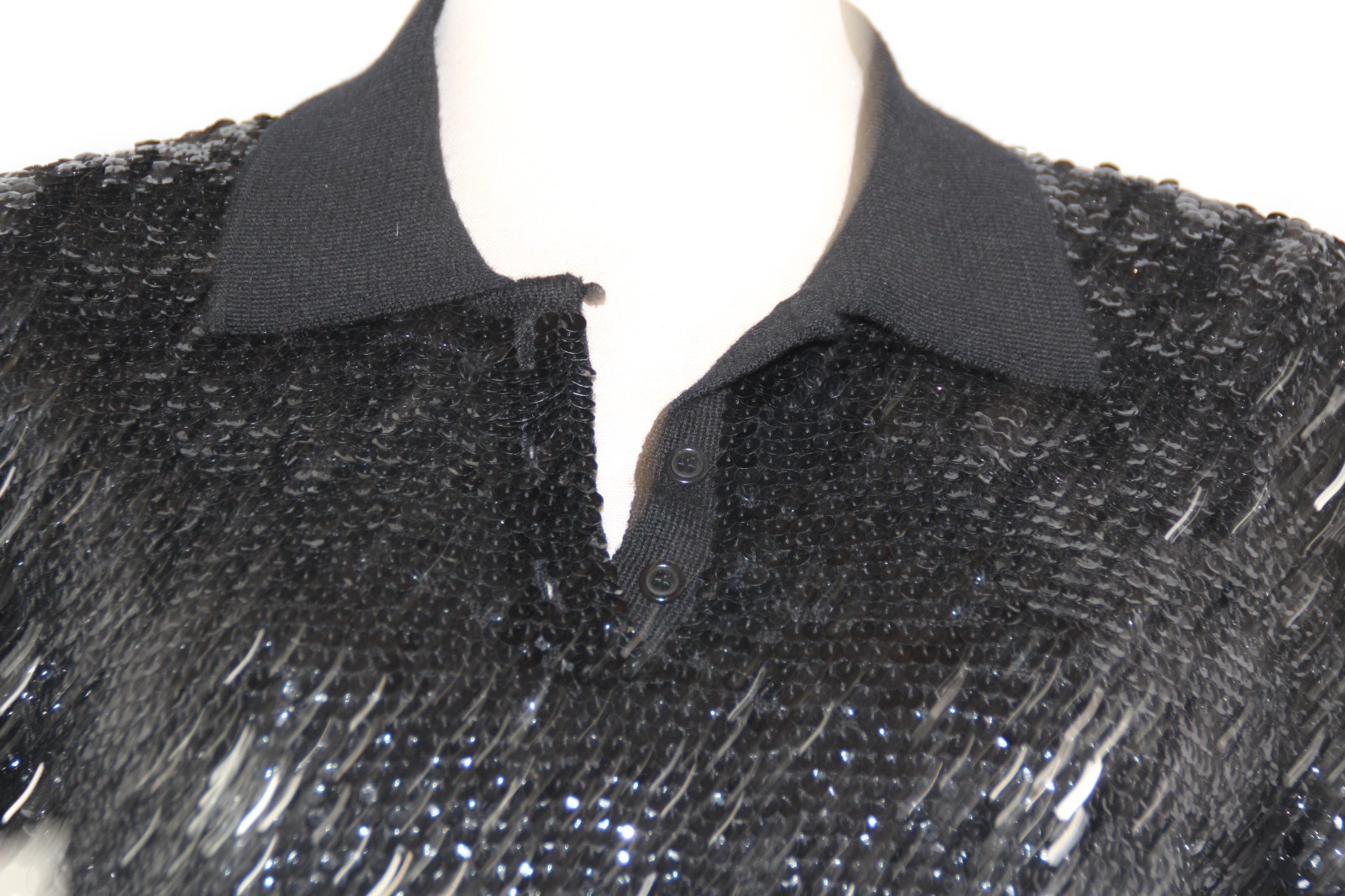 Lauren Ralph Lauren Black Sequin Merino Wool Knit Polo Sweater Holiday Top Sz. M