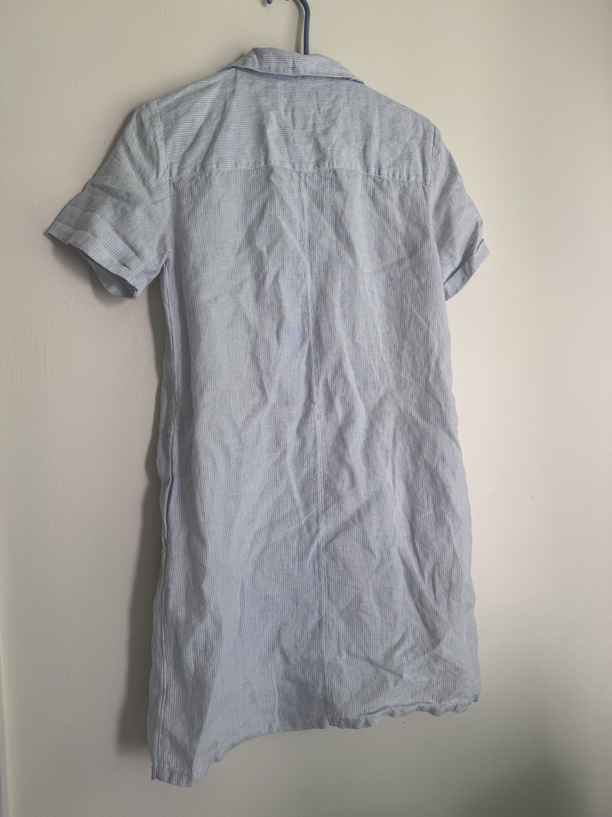 Tahari XS 100% Linen Striped Button Front Collared Shirt Dress Blue White