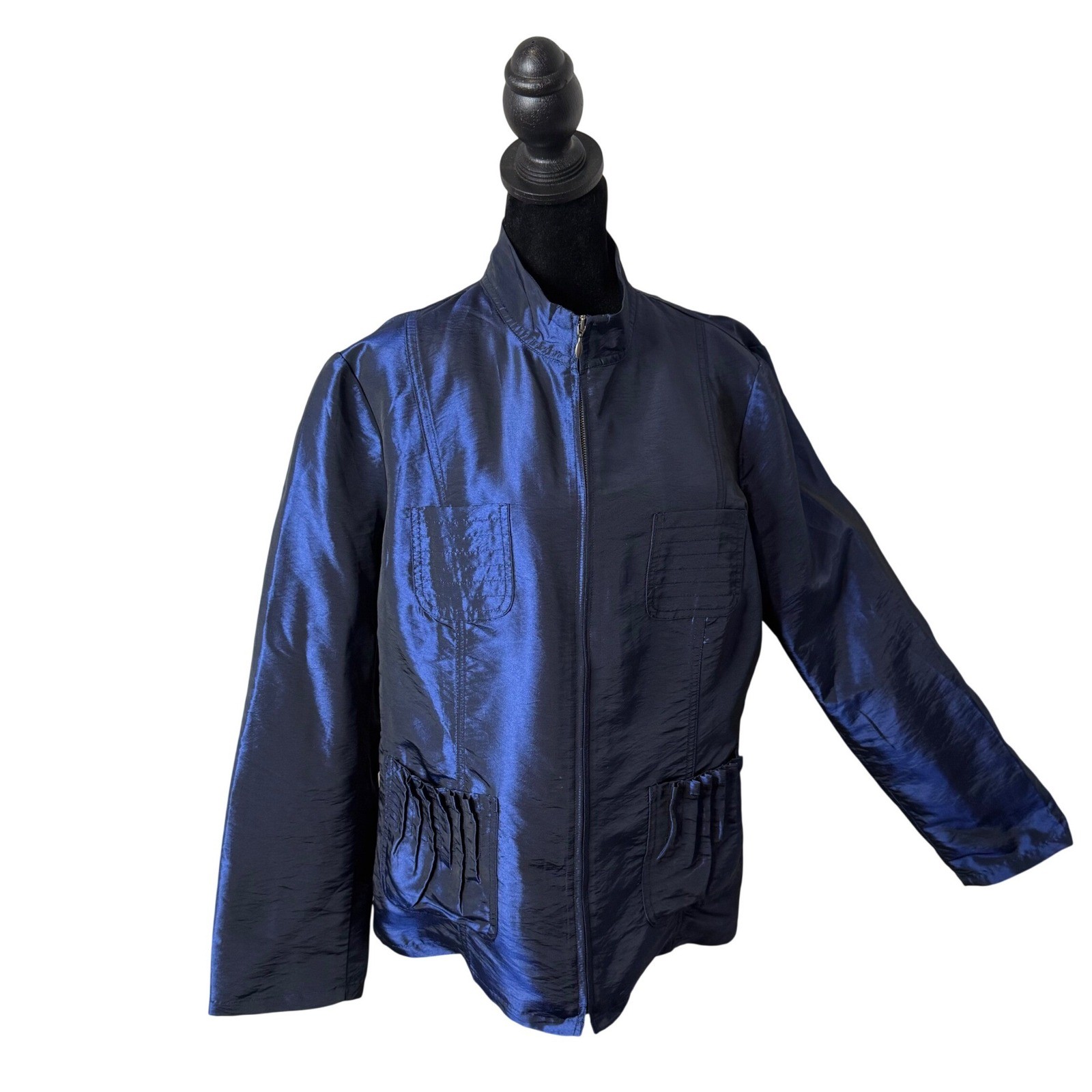 Chico’s Iridescent Shimmer Crinkle Blue Jacket Size L Lightweight Zip Cameron