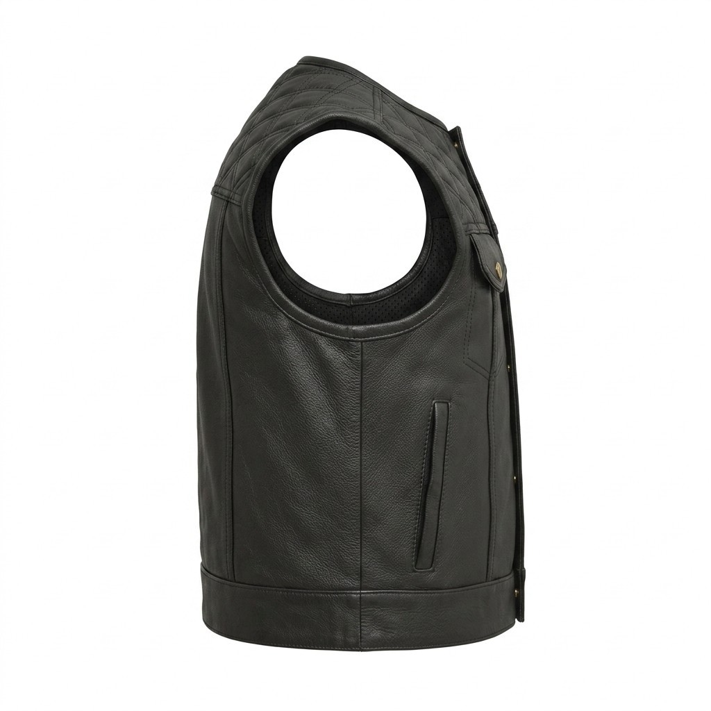 Men’s Black Genuine Leather Motorcycle Vest Biker Snap Front Quilted Club Vest