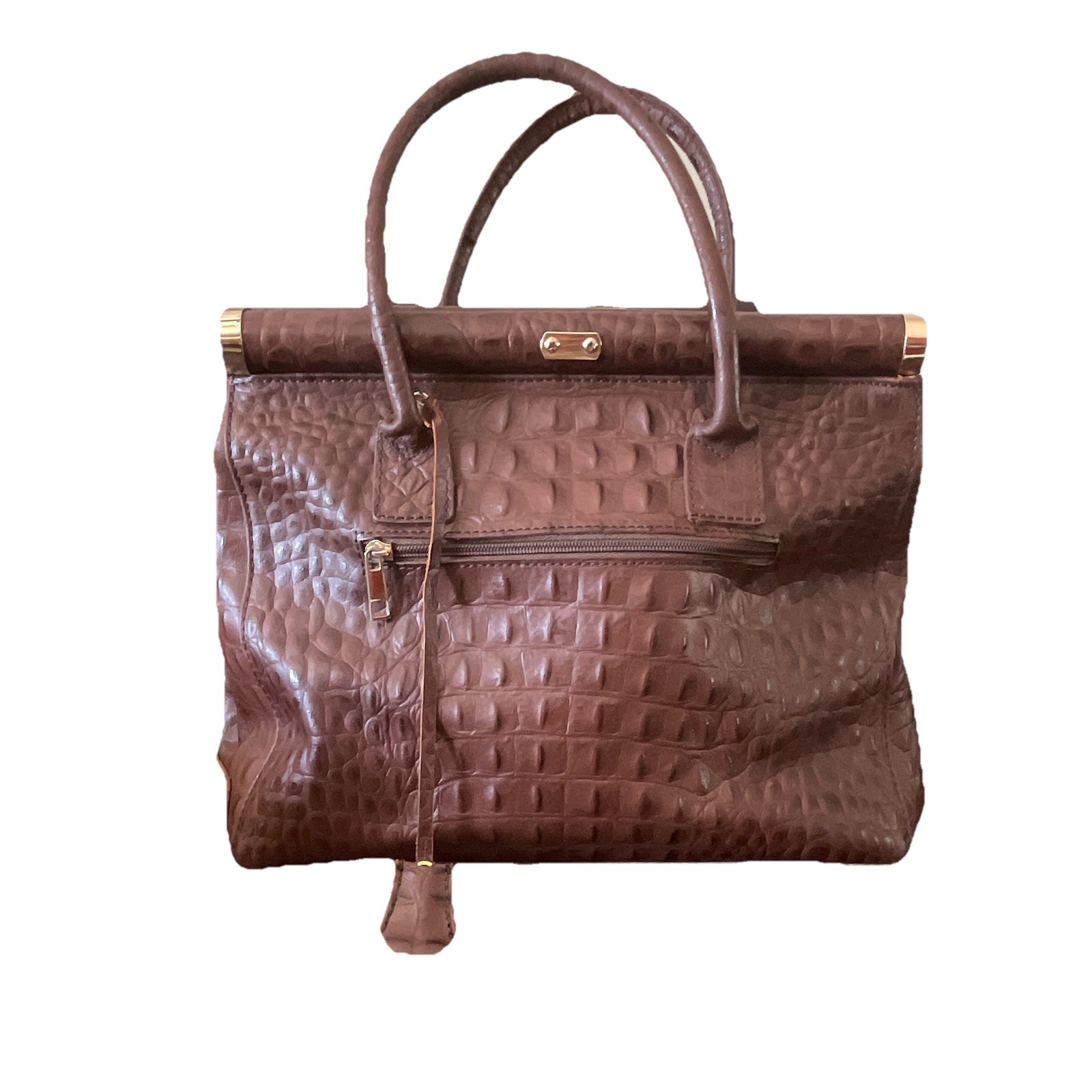 Brown Croc-Embossed Top Handle Satchel Bag w/Key Turn Lock Gold Hardware