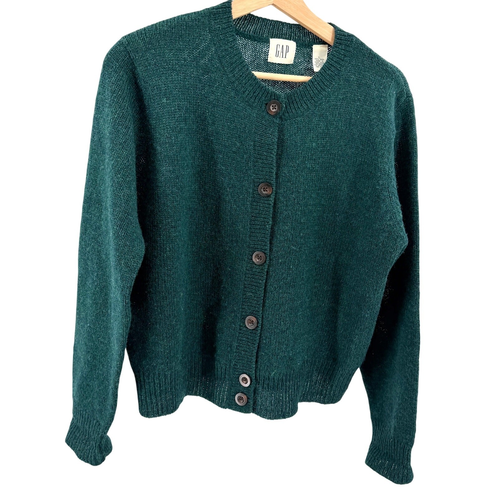 Vintage 90s Gap Green 100% Wool Cardigan Sweater