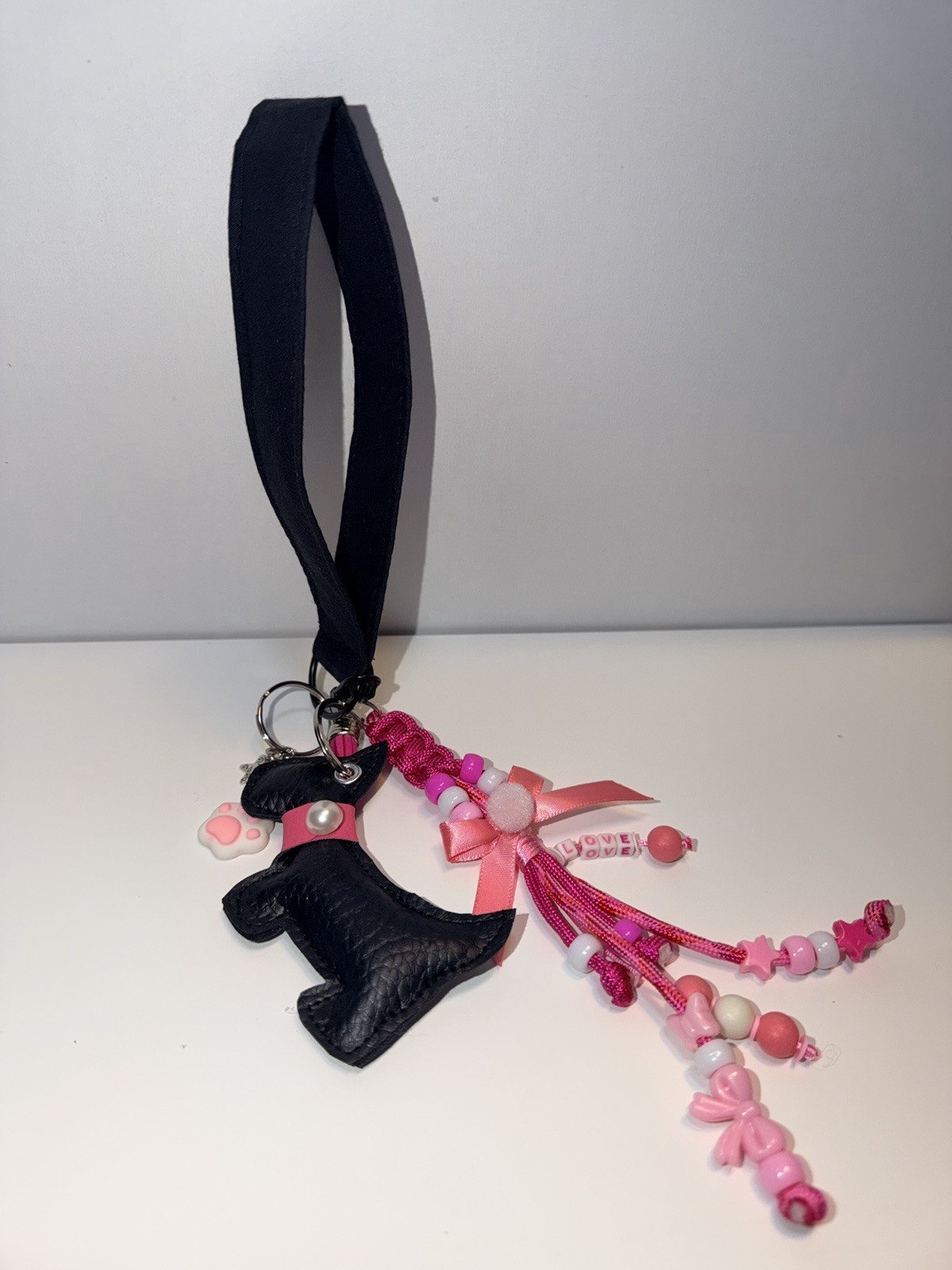 Black & Pink Dog Charm Wristlet Key Chain Faux Leather Beaded Tassel Bow