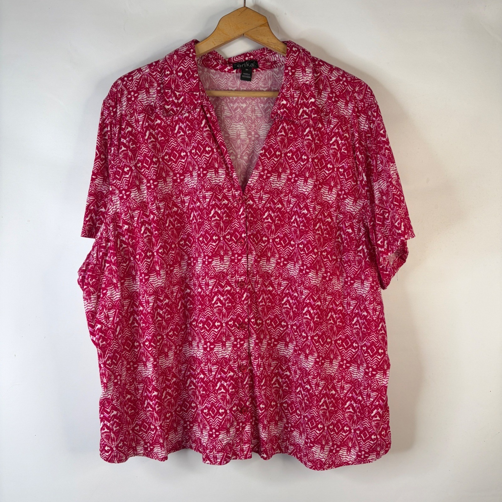 Erika Button Down Shirt Women 3X Pink Geometric Tribal Print Short Sleeve Top