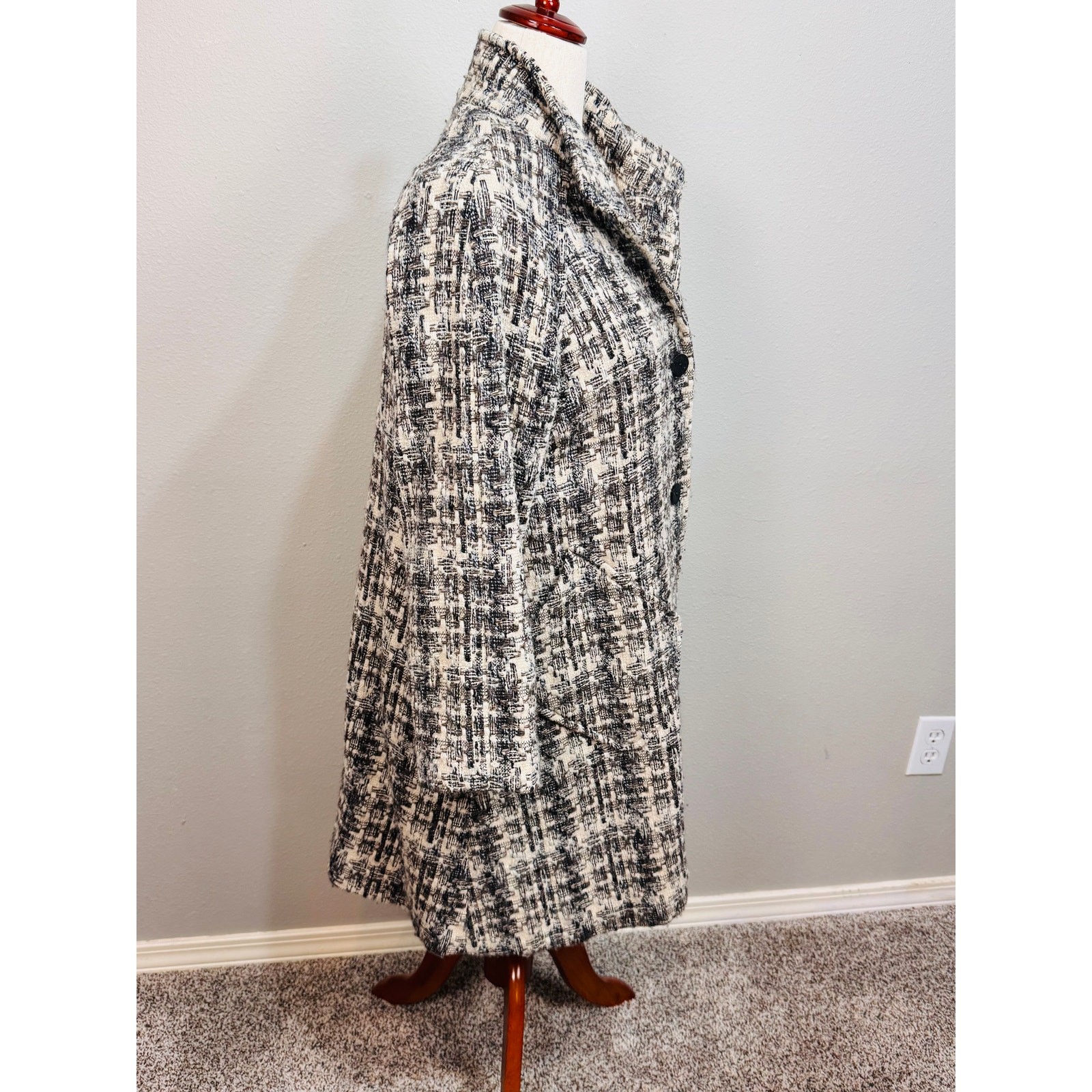 Vintage J. Jill tweed wool blend swing coat lined pockets cream gray long sz SP