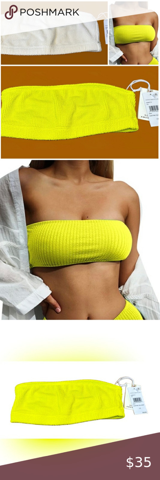 NWT Good American Crinkle Basic Bandeau Bikini Top Electric Yellow 1/2 US S/M