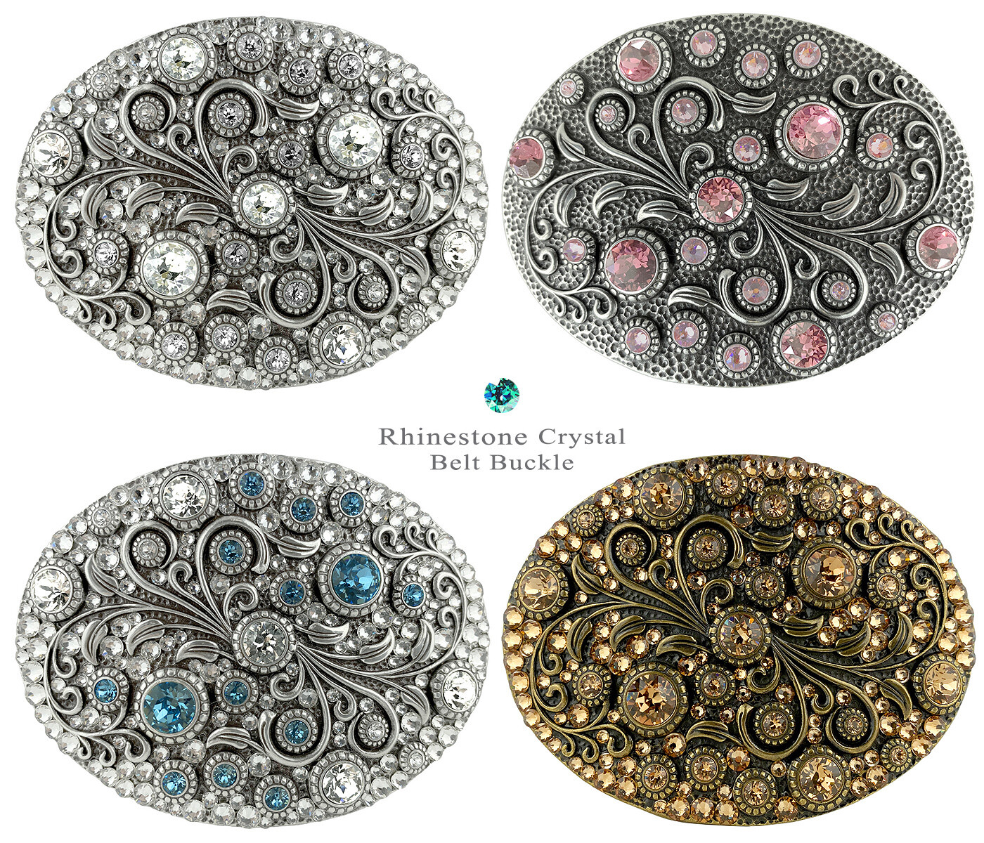Rhinestone Crystal Belt Buckle Oval Floral Engraved Buckle Fits 1-1/2″(38mm)