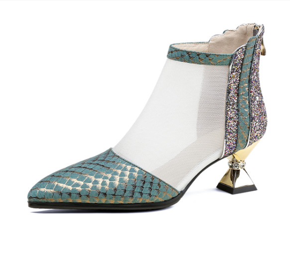 Hollow Out Real Leather Mesh Ankle Boots Womens Sandals Splicing Fashion Pumps