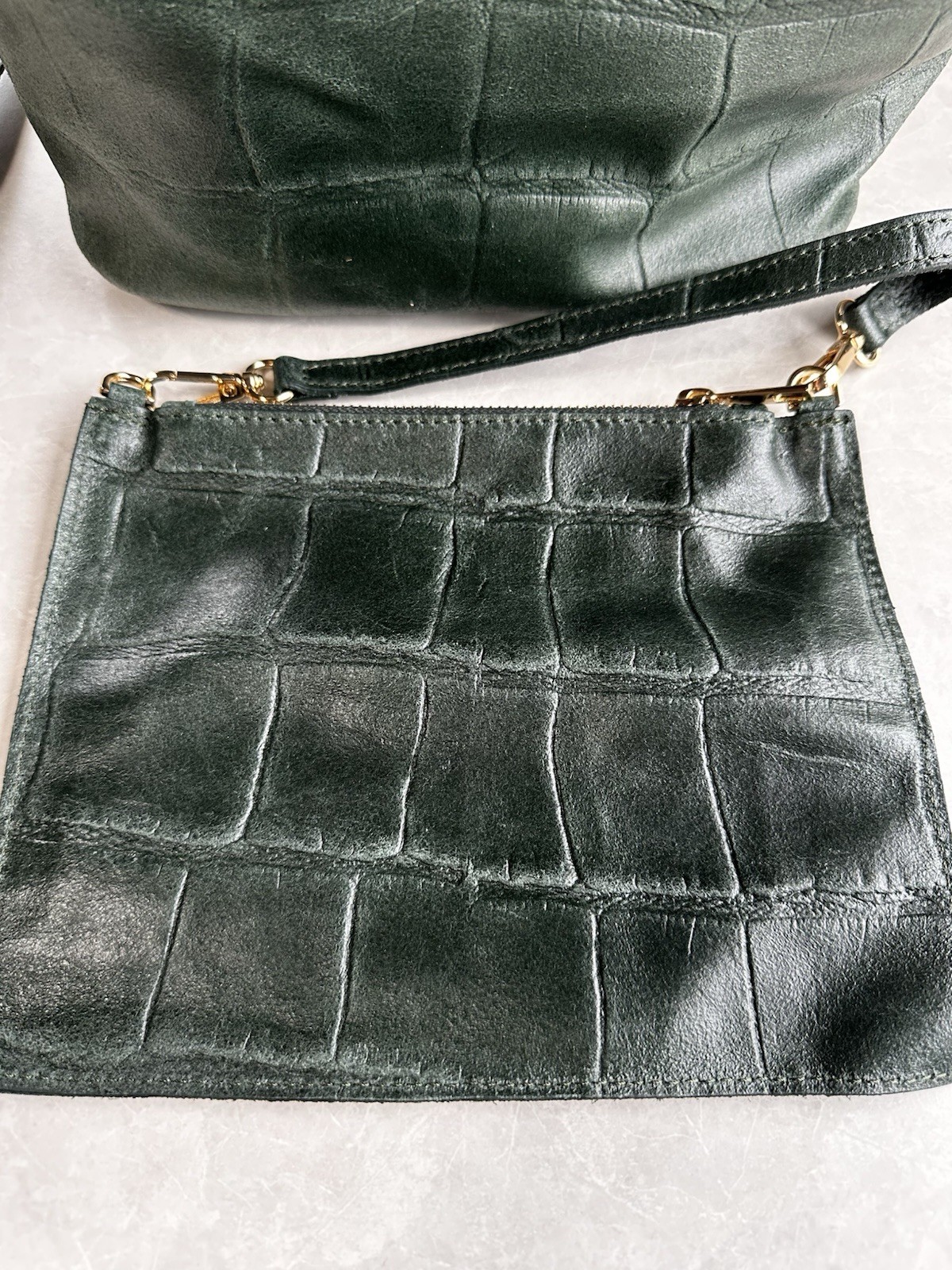 Anna Virgili Italy Green Crocodile Embossed Leather Handbag Shoulder Bag Set