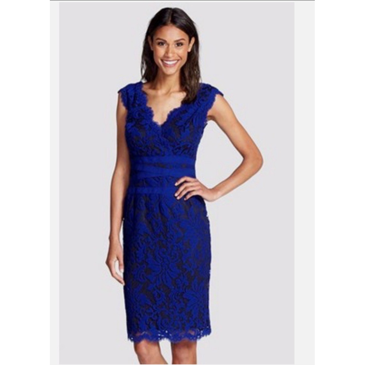 Tadashi Shoji Royal Blue Lace V-Neck Sheath Cocktail Dress Size 8 Banded Waist