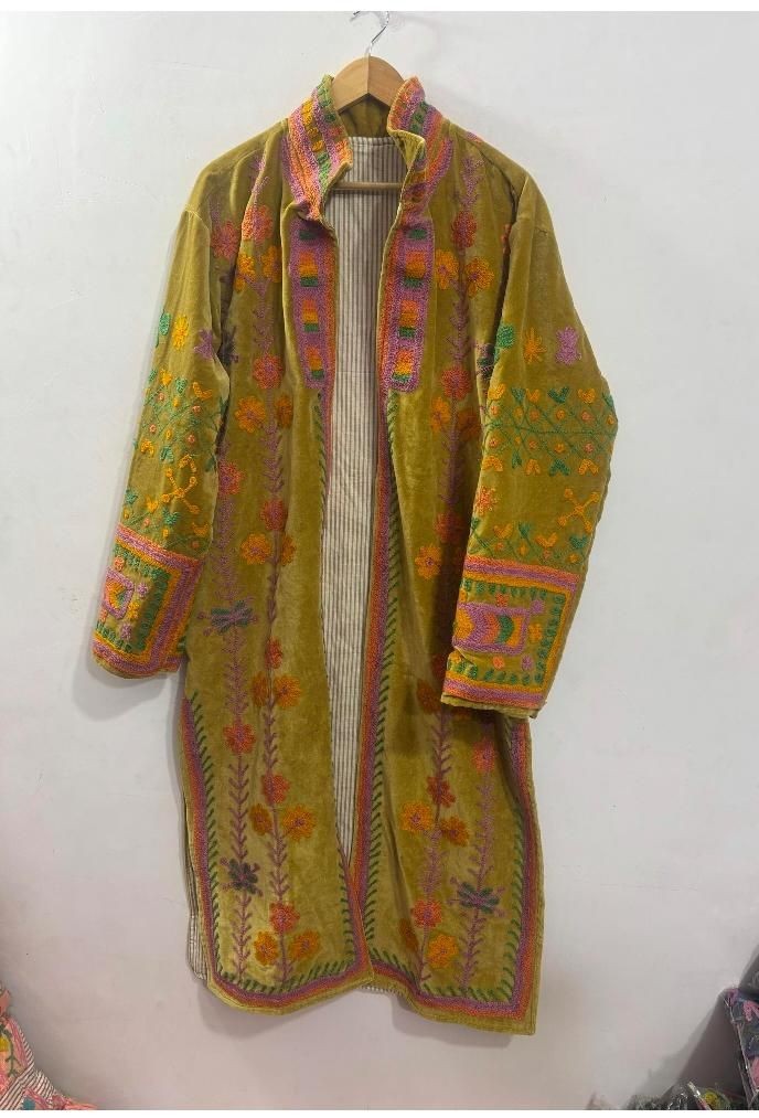 Yellow Suzani Velvet Floral Suzani Jacket Handmade Embroidery Kashmiri Jacket