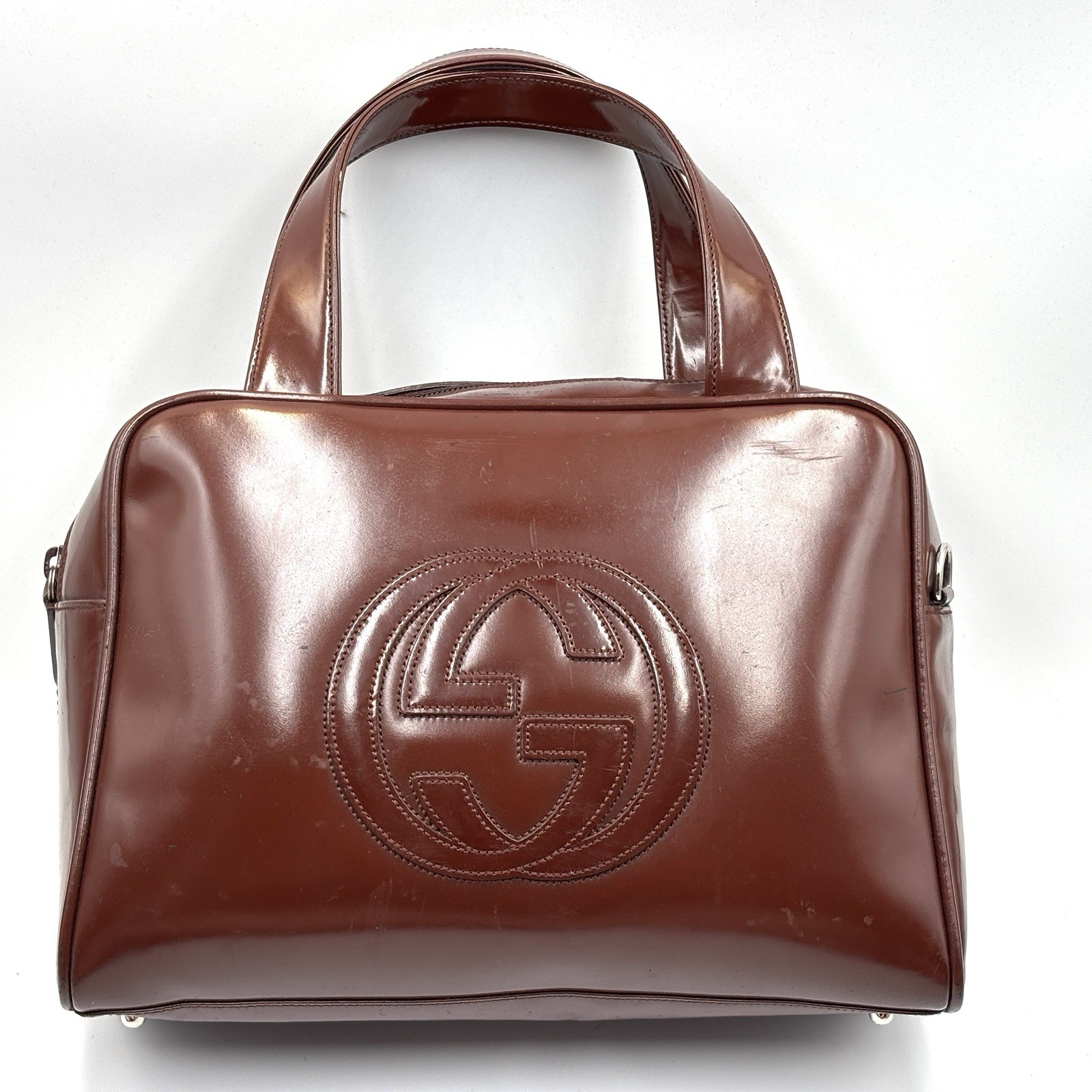 Gucci Handbag Shoulder Bag Patent Leather Interlocking G Brown Authentic