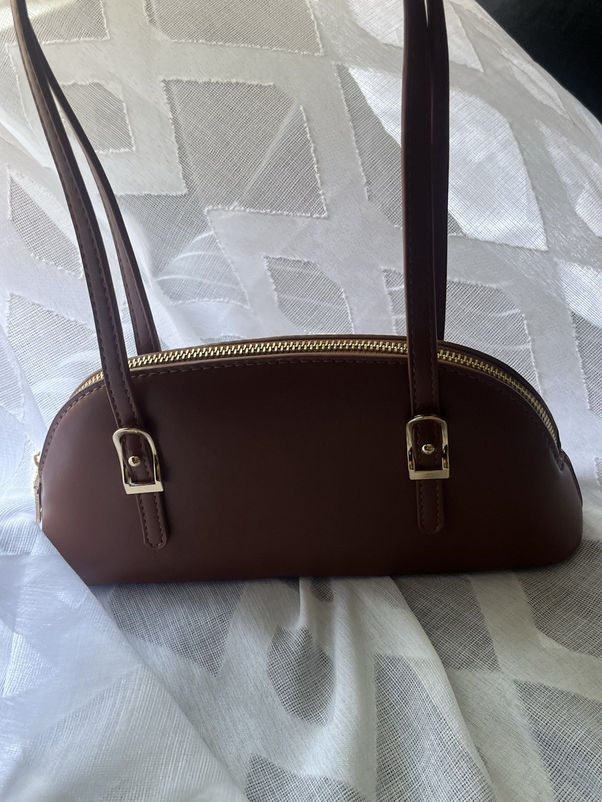 Madison West Brown Semi-Circle Shoulder Bag Zip Gold Hardware Pockets