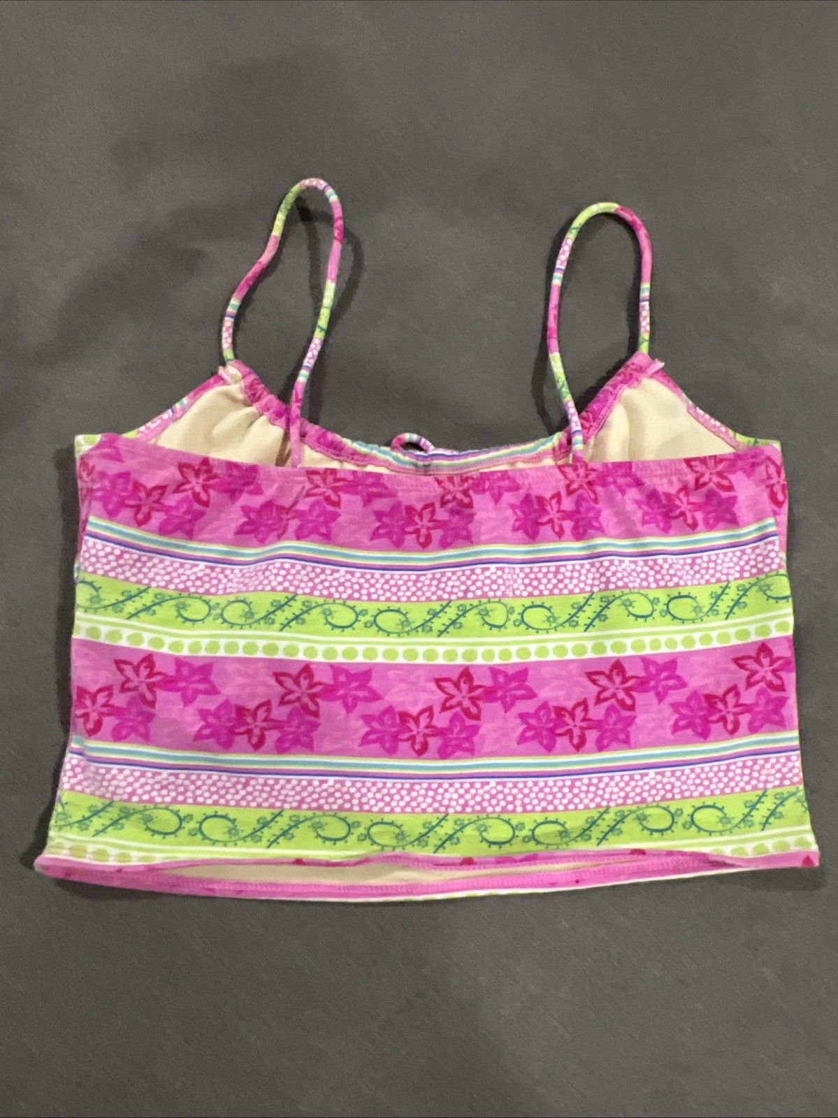 Vintage Sand N Sun Floral Tropical Pink Green Blue Bikini Top Tankini Crop L Y2K