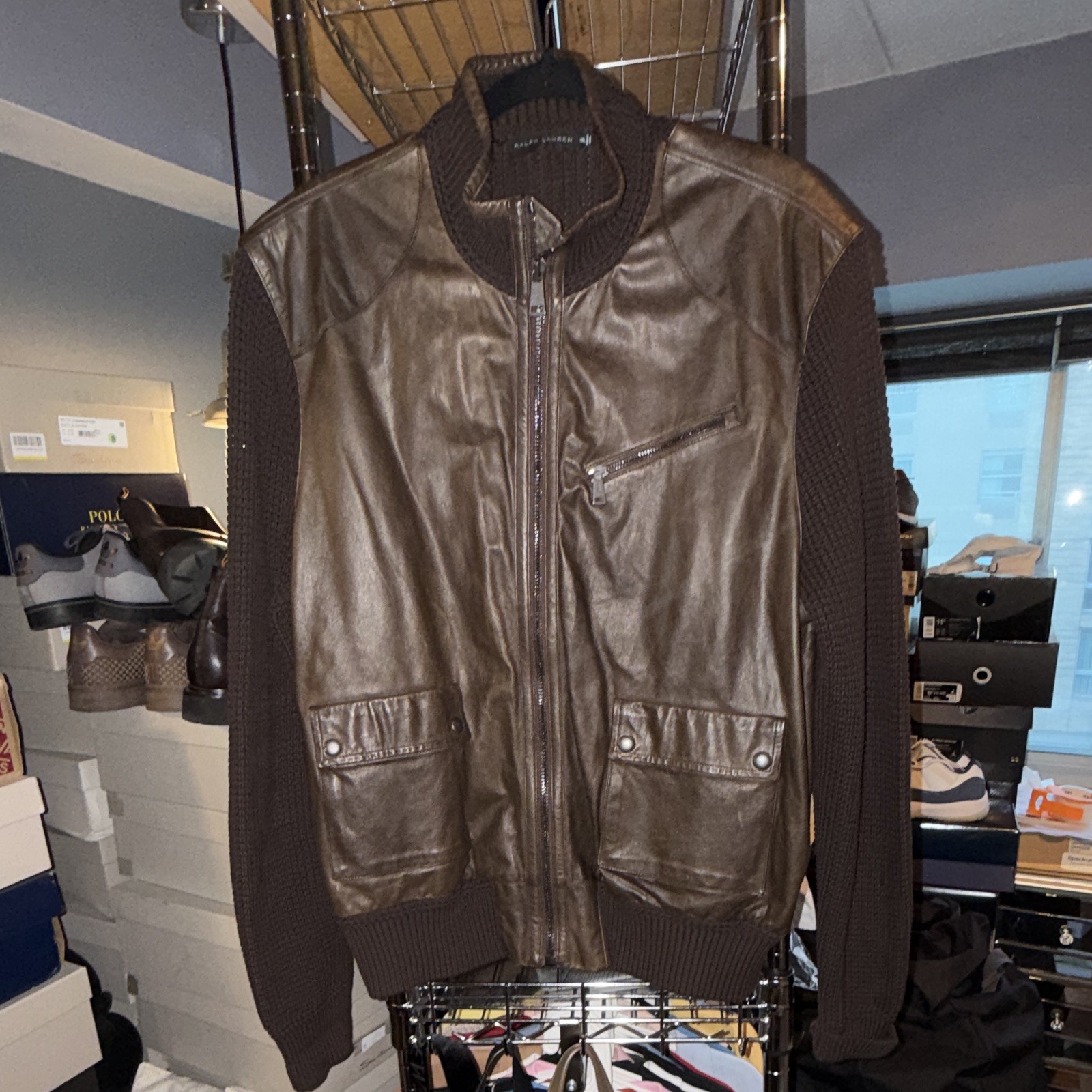 Ralph Lauren Men’s Brown Leather Bomber Jacket Full Zip Stand-Up Collar XXL