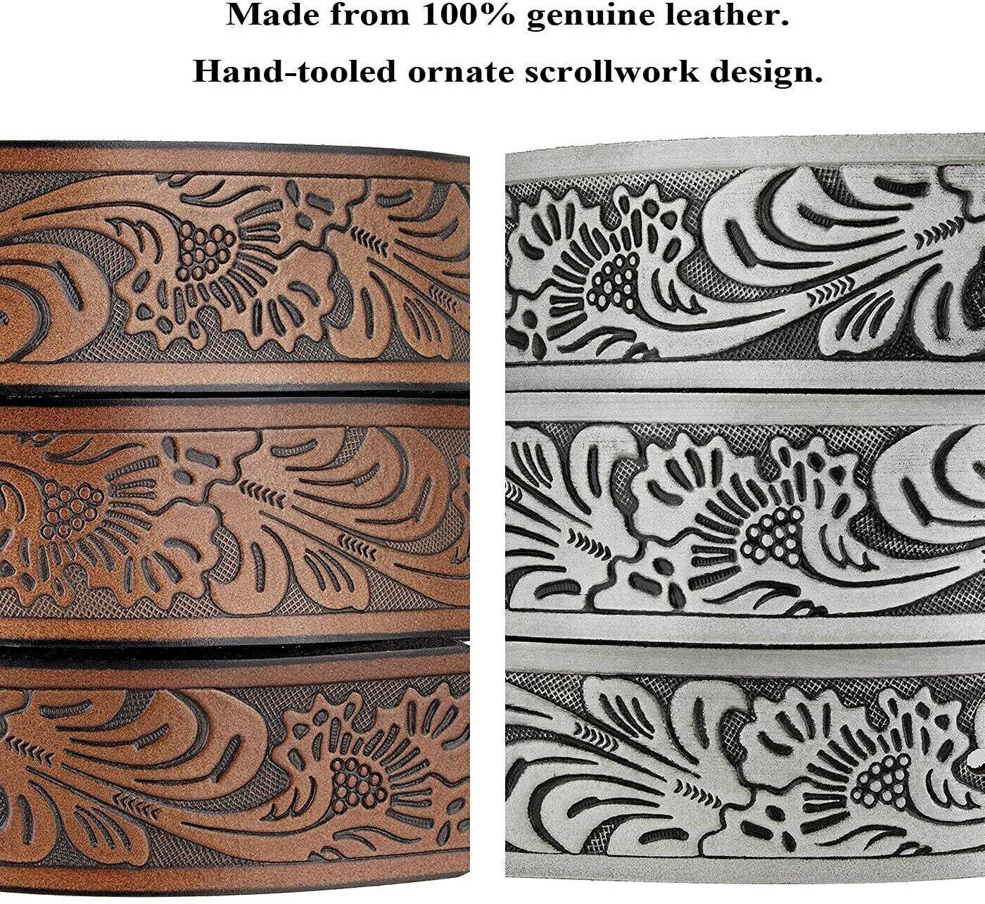 Western Floral Embossed Genuine Leather Belt Belt Strap 1-1/2”(38mm) Wide