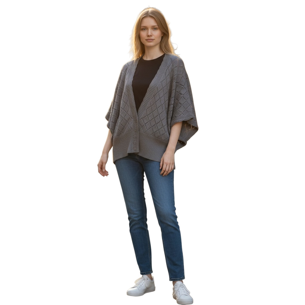ELLE Gray Open Knit Cardigan Argyle Dolman Oversized Boho Cozy Sweater XL