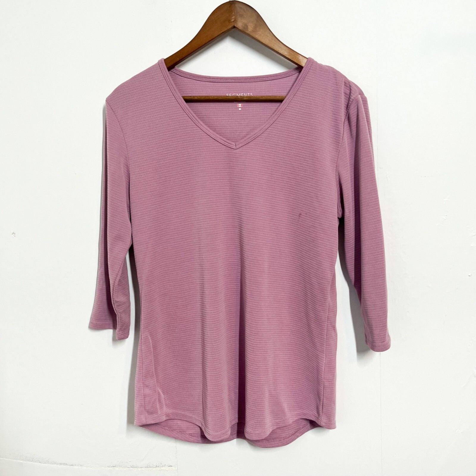 Seg’ments Womens Top 3/4 Sleeve Tencel Pink Ribbed V-Neck T-Shirt