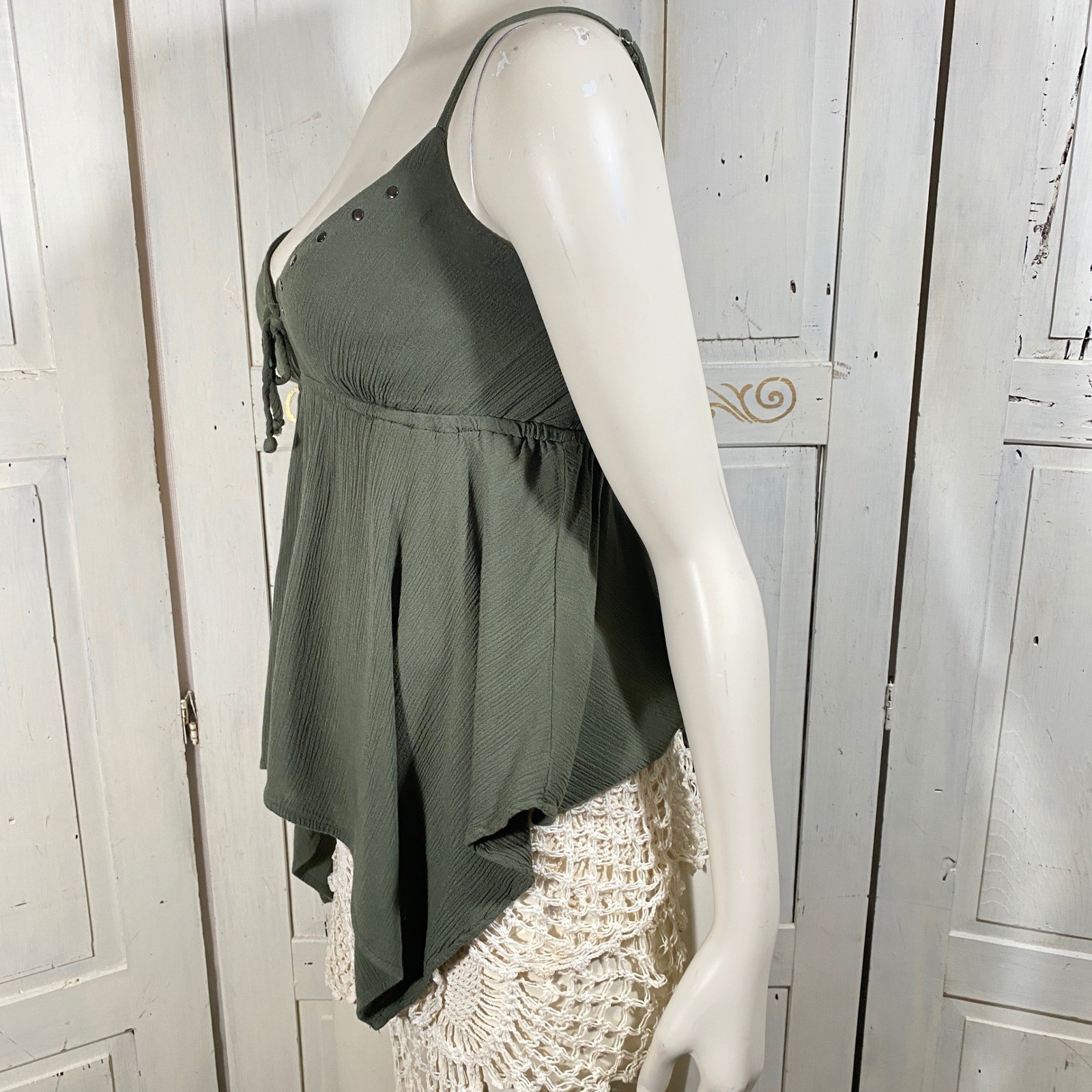 Velvet Moon Olive Green Handkerchief Hem Studded Camisole Top Small Boho Fairy