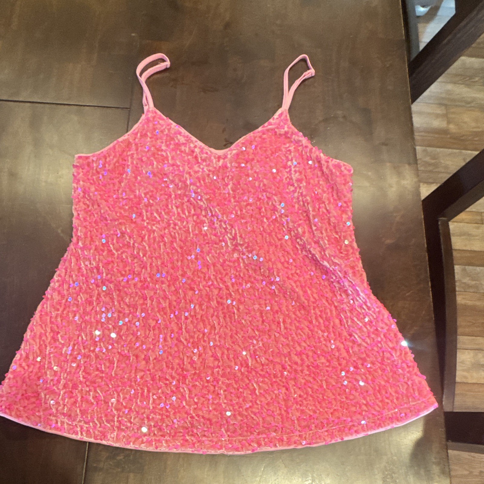 Women’s Pink Sequin Polyester Knit Spaghetti Strap V-Neck Cami Tank Top S