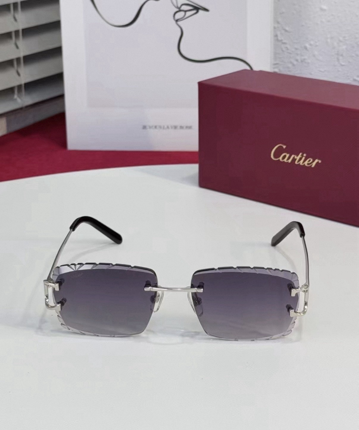 Cartier Big C Diamond Cut Red to Blue Fade Frameless Lens Gold Frame