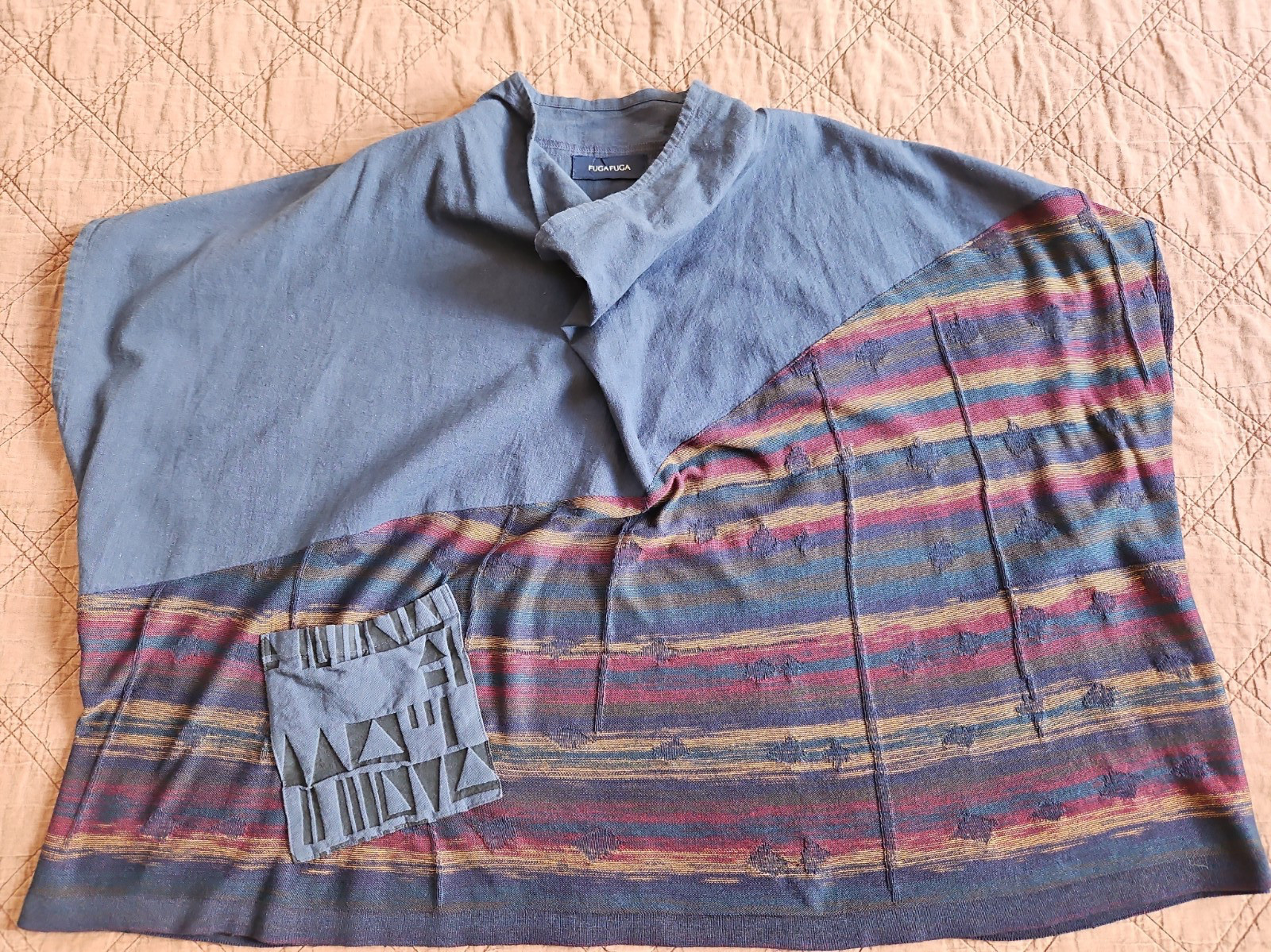 FUGA FUGA O/S Blue/Multi Linen Blend Mixed Media Boxy Cropped Top Mesh