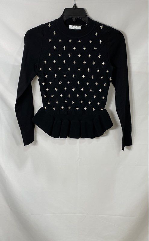 Sandro Women’s Black Pearl Embellished Peplum Knit Sweater Mock Neck Size 1