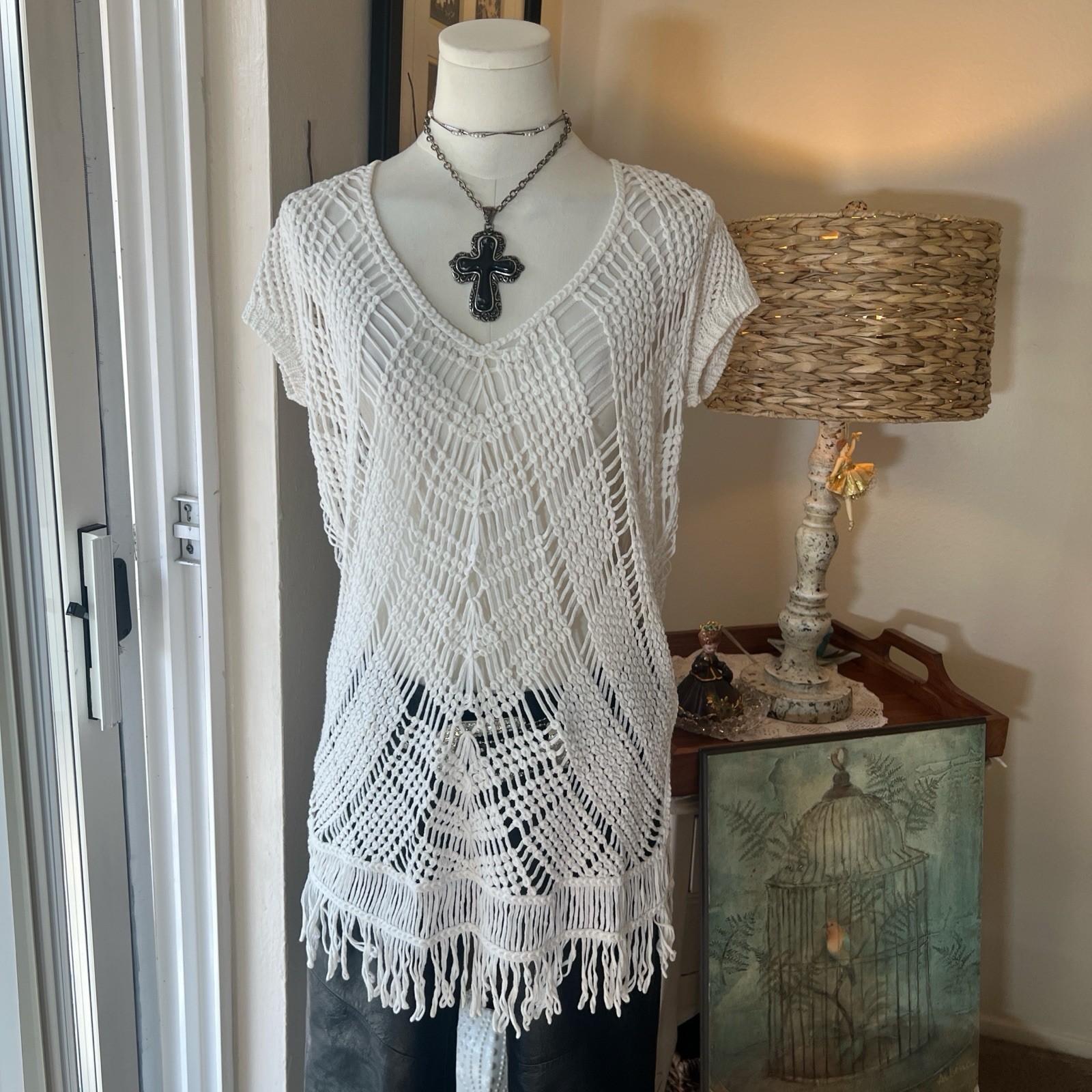 Y2K Crochet Fringe Knit Swimsuit Coverup Boho Fairy Western V Neck Top Tunic