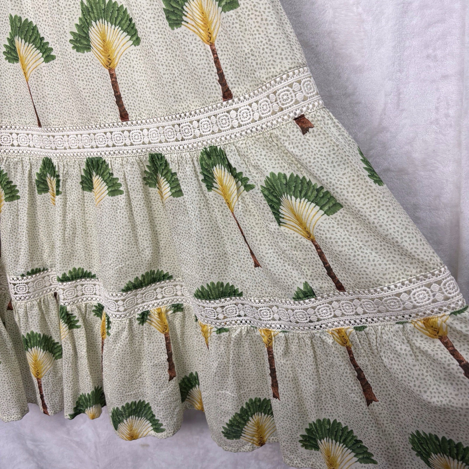 Calypso St Barth Palm Tree Crochet Tier Smocked Dress M Maxi Ruffle Tropical NEW