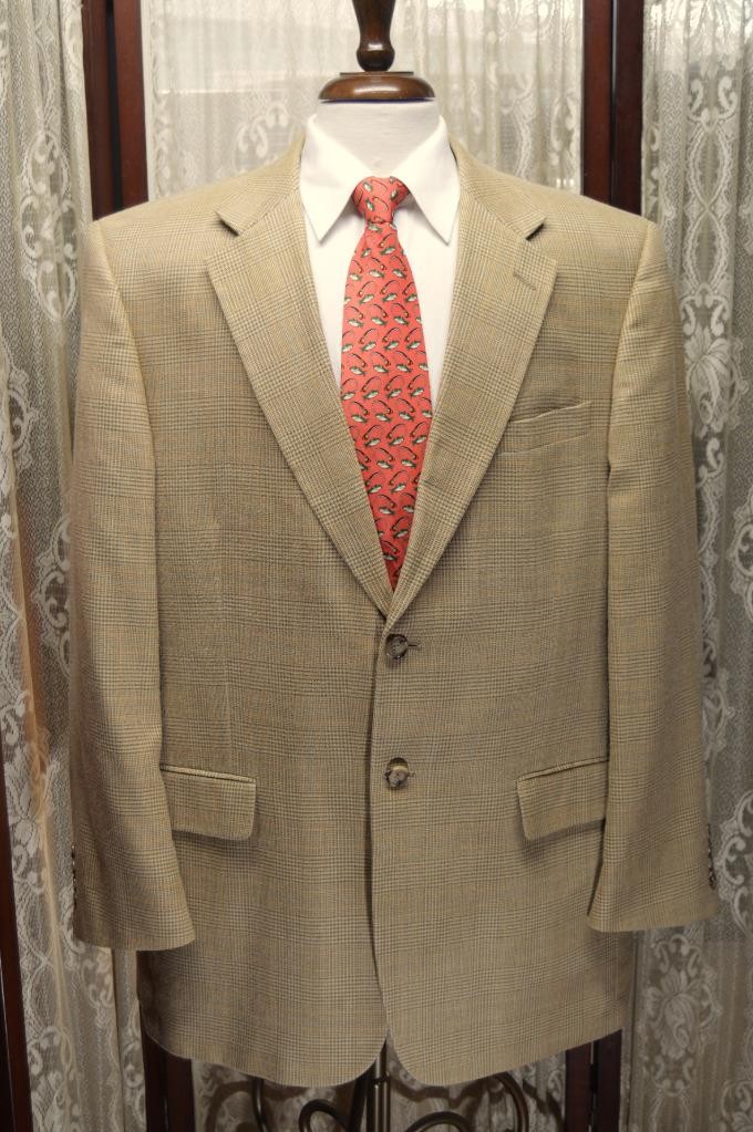 Haspel 44 L brown glen plaid tangerine check silk wool summer sport coat p1j4*