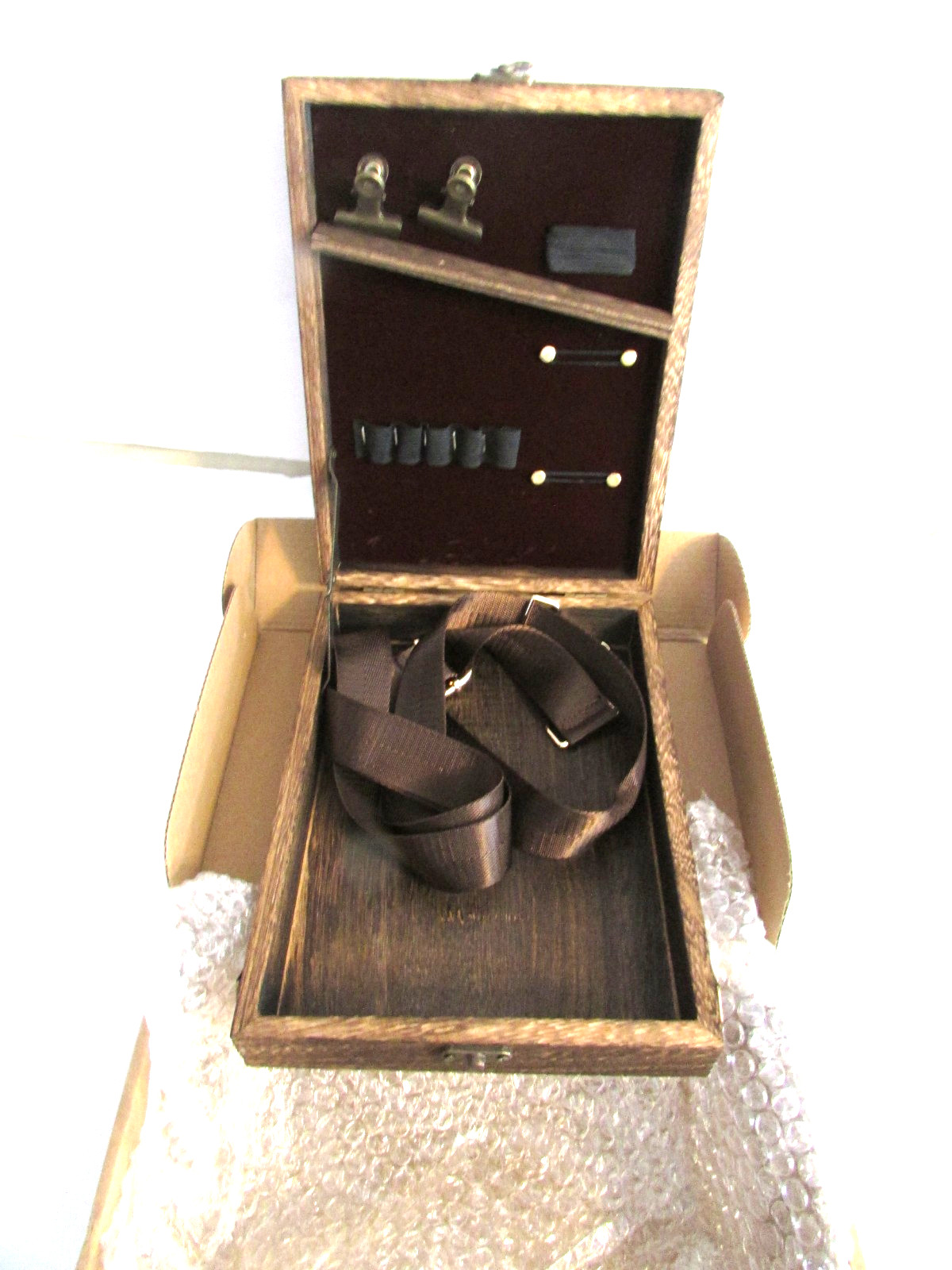 Handmade Wooden Artist Messenger Bag Brush Storage Box Deep Brown 9.65×7.48in