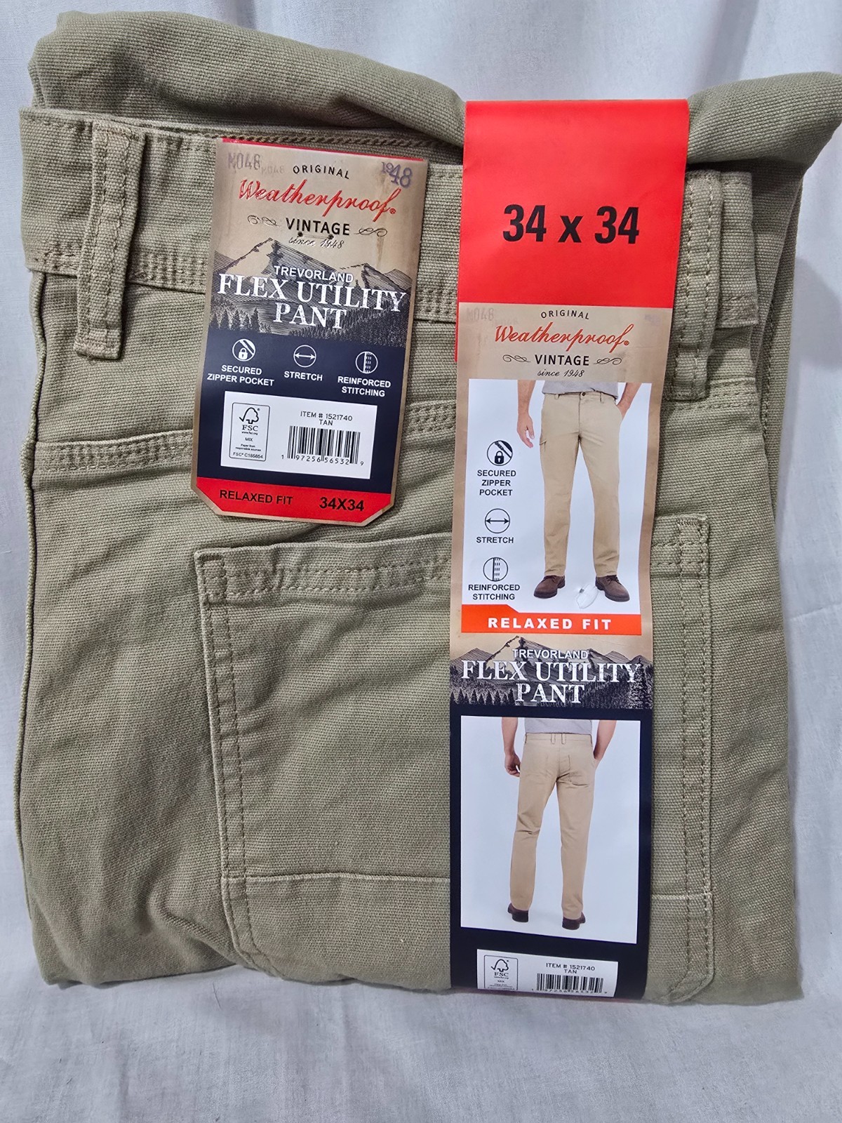 Weatherproof Vintage Trevorland Flex Utility Pant, Size 34×34, Tan **NEW**