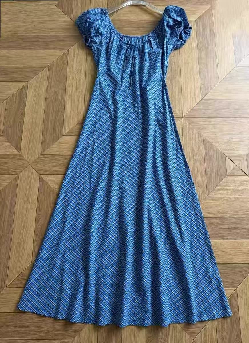 NWT Doen Elegant plaid slim fit long skirt with bubble sleeves and round neck dr