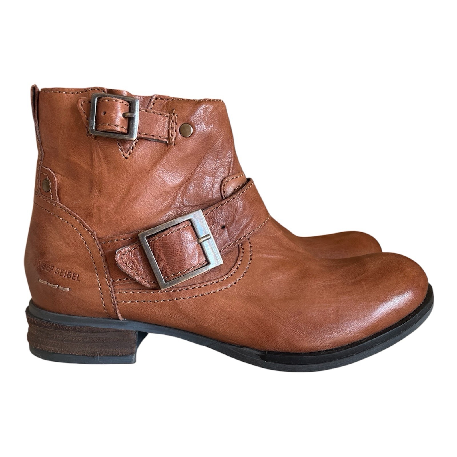 Josef Seibel Sanja 16 Buckle Leather Cognac/Brown Ankle Booties EU36, 37, 40 NEW