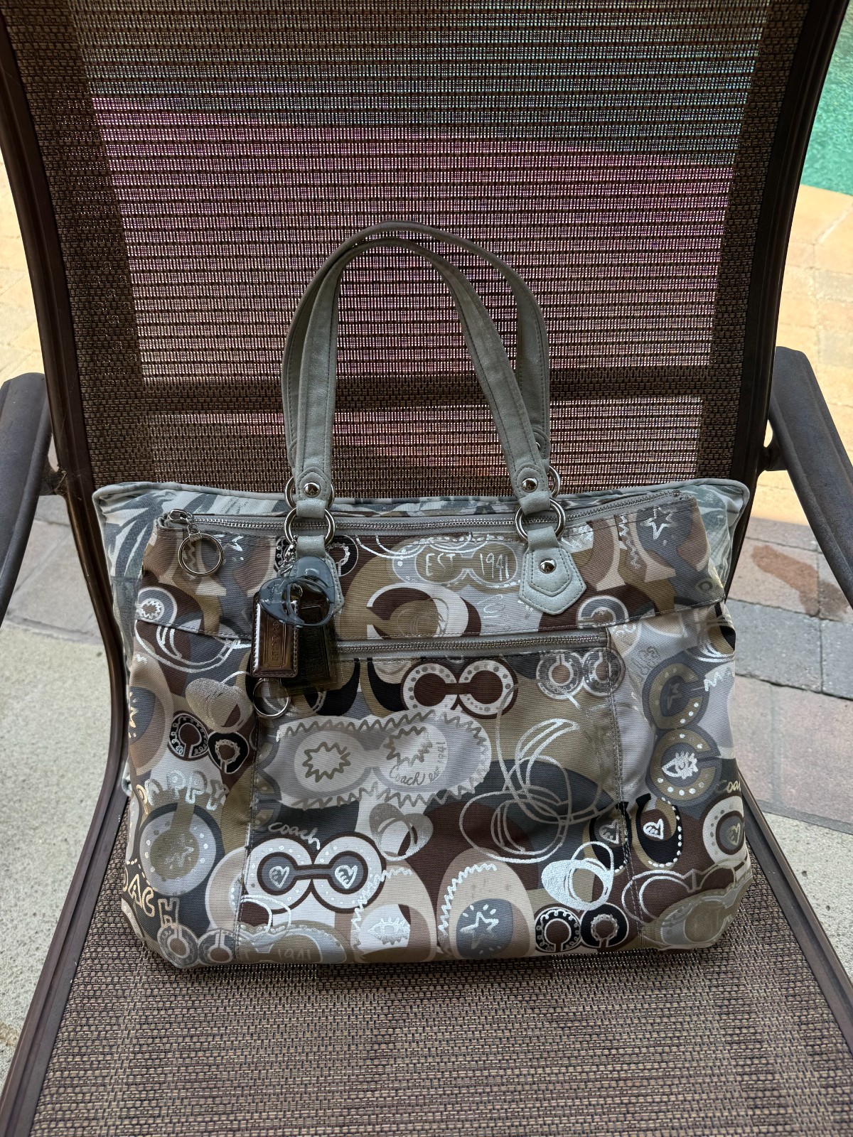 Coach Poppy Limited Edition Pop C Metallic Silver Graffiti Khaki Glam Tote