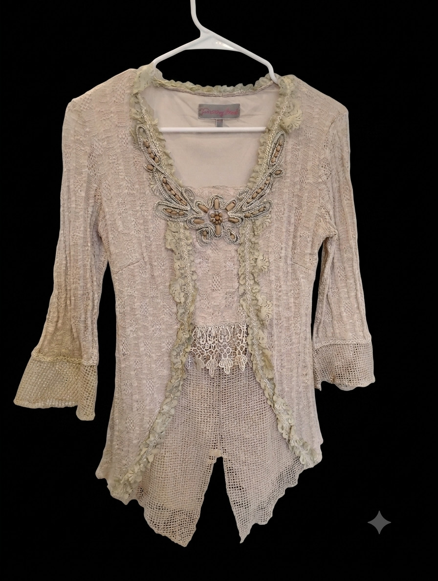 Pretty Angel Size S Women’s Lace Crochet Wood Beaded Boho Shirt