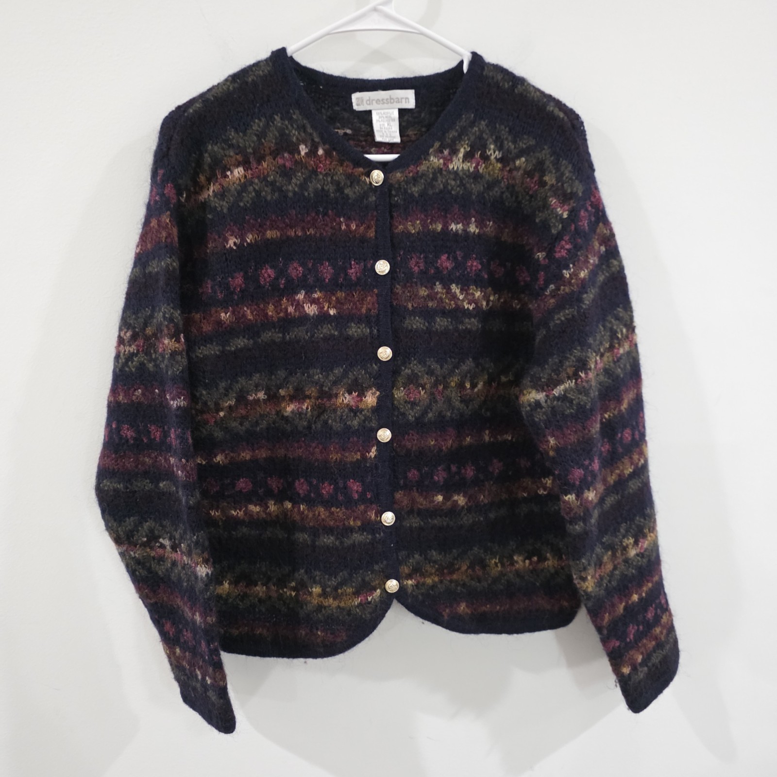 Vintage Dressbarn Womens Wool Cardigan Size XL Nordic Cozy Winter Metal Button