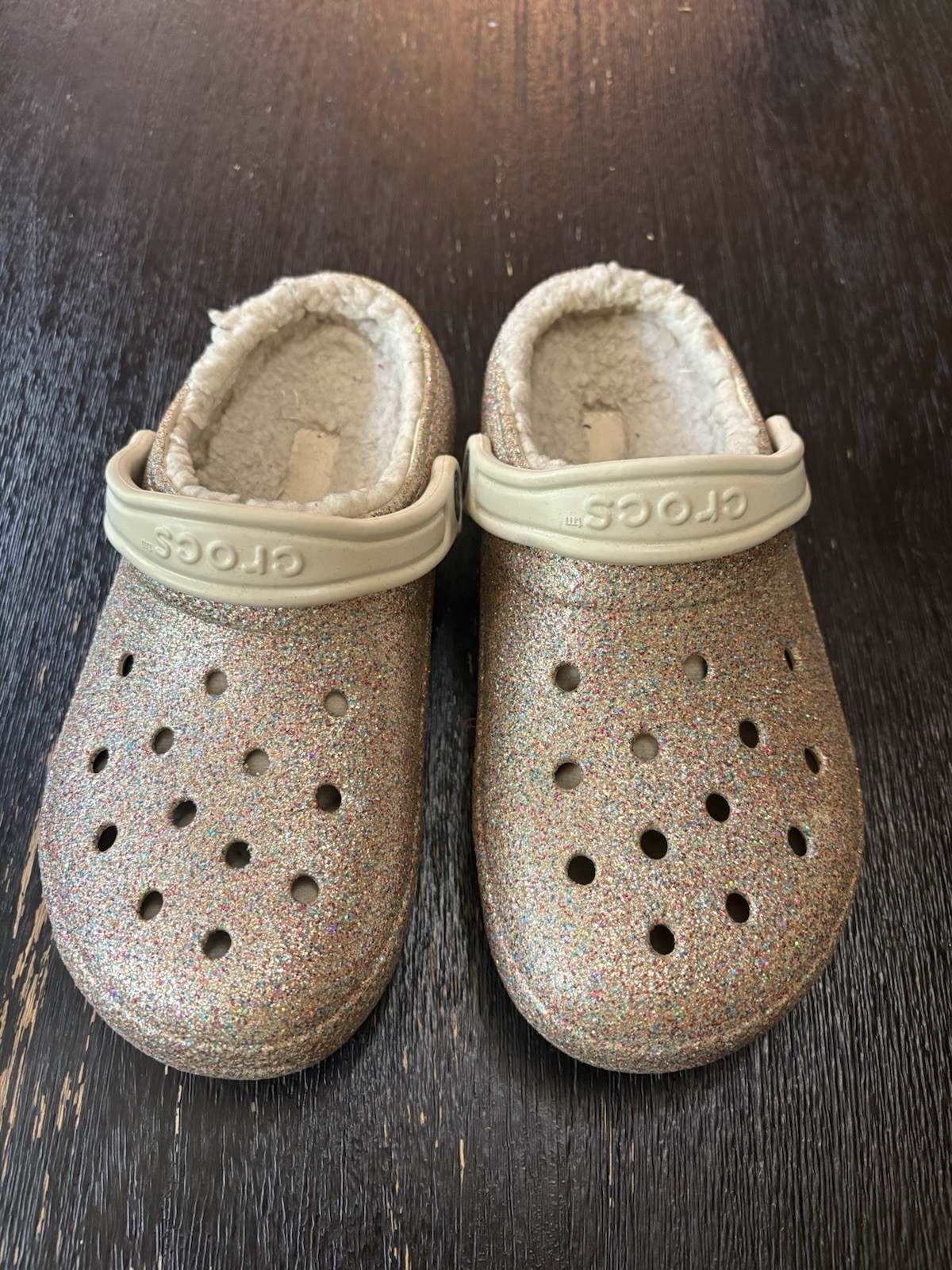 Crocs Women Glitter Lined Faux Fur Clog Gold Multicolor Slip-On US 8