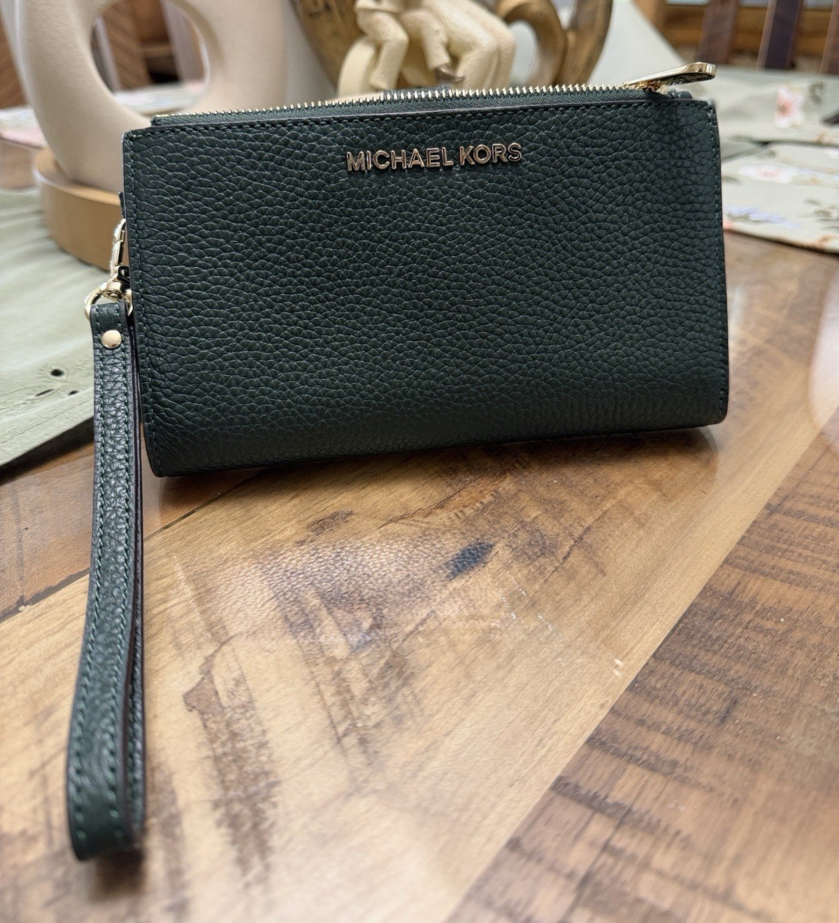 Michael Kors Green Zip-Around Wristlet Wallet w/ Wrist Strap, Card Slots