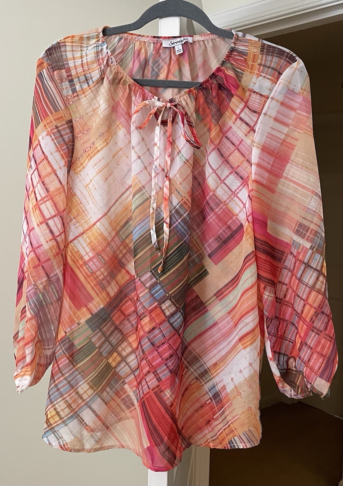 Serengeti Top Orange Plaid Chiffon Peasant Gypsy Bohemian Women’s Large