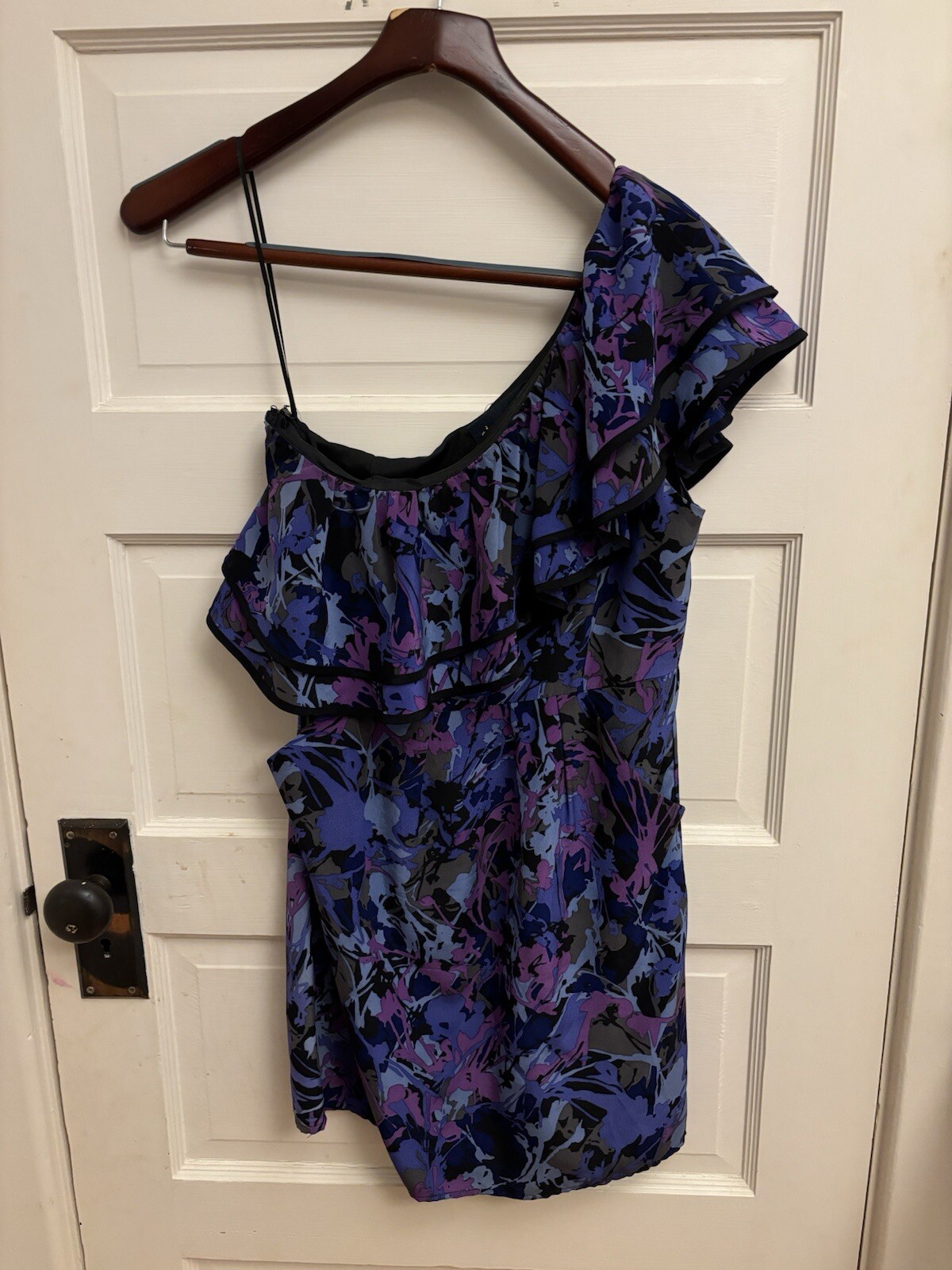 Yumi Kim Black & Purple One Shoulder 100% Silk Mini Dress W/ Flounce Hem Sz XS