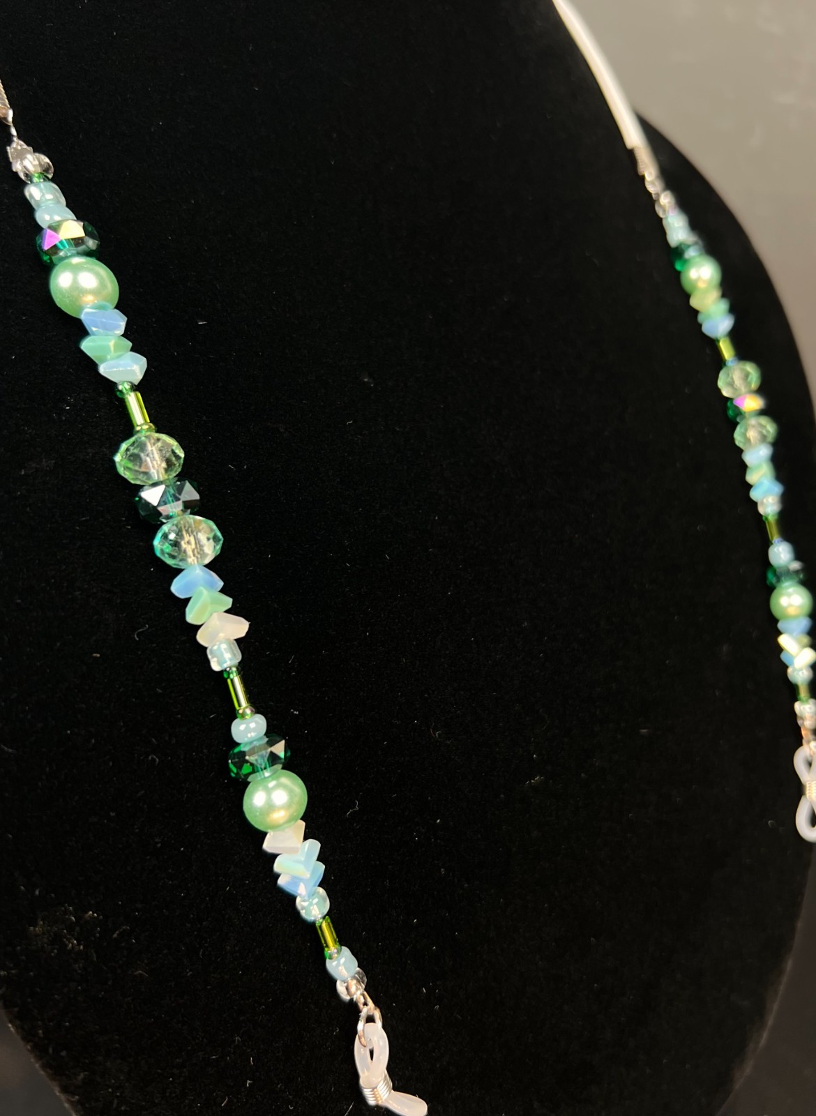 Handmade Eyeglass Chain: Crystal Glass Beads, Teal, Green, Blue, Sea Glass Look